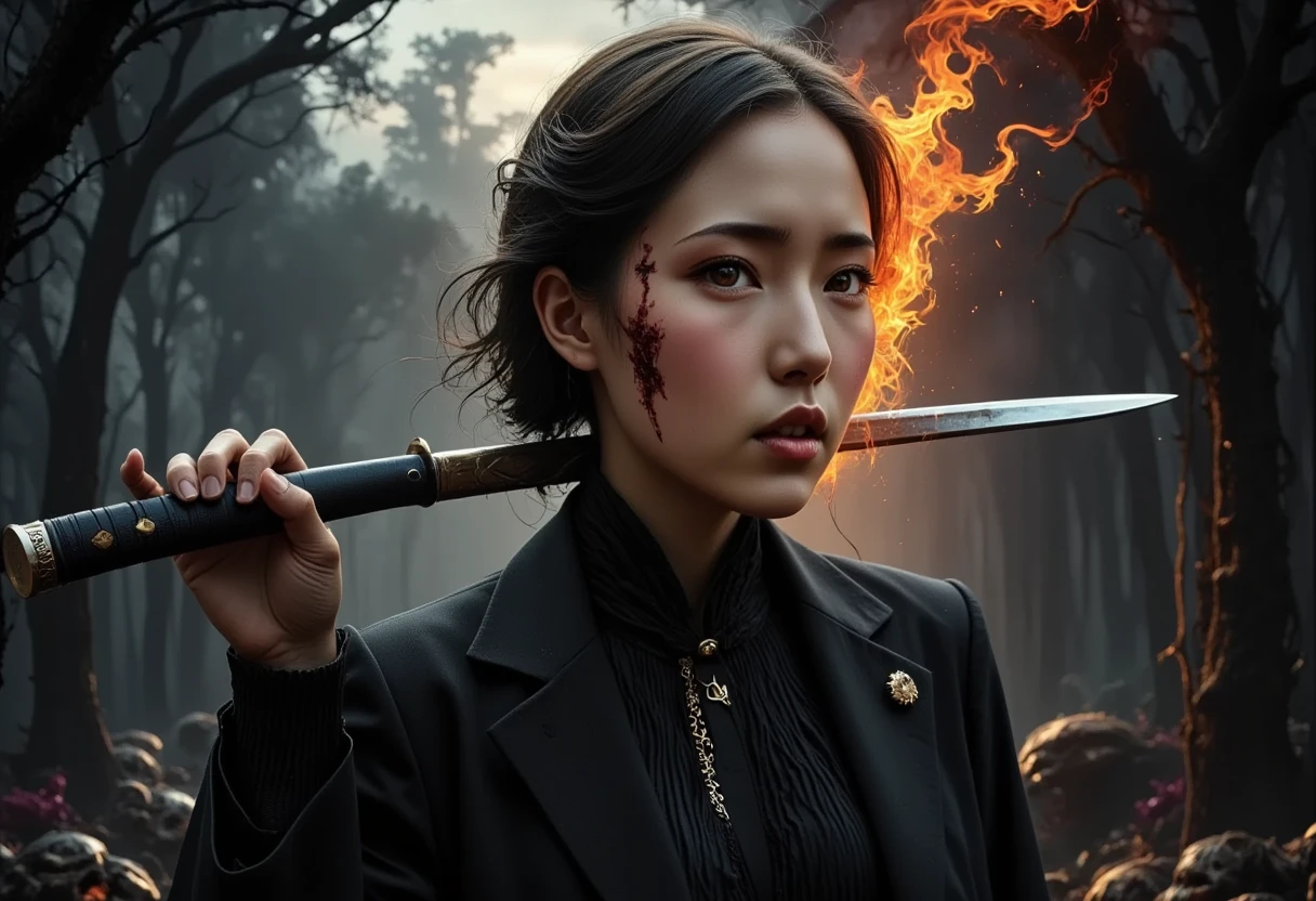 1woman, beautiful detailed eyes, face to waist , beautiful detailed lips, extremely detailed face, longeyelashes, sexy ninja attire, samurai sword in her hand, blood smear on her face fighting pose, one hand hold monster head, ,  fantasy landscape, many monsters in background, cinematic lighting, dramatic atmosphere, intricate details, moody colors, digital art, hyper-realistic