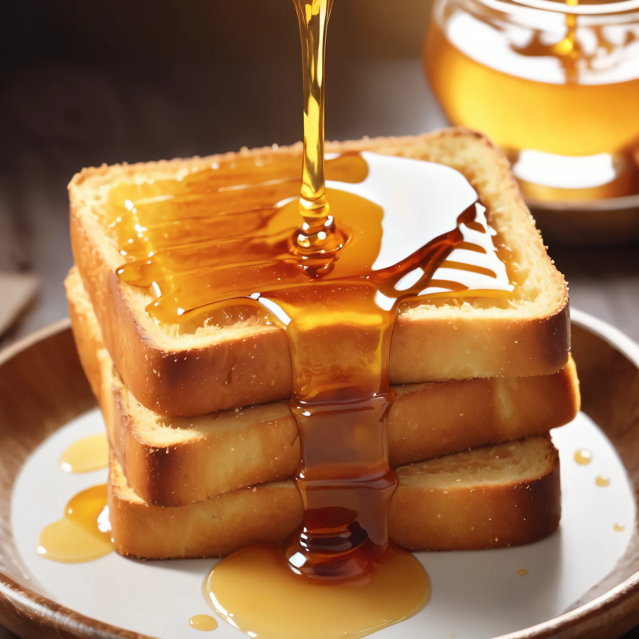 a delicious honey toast, food photography, golden brown toasted bread, dripping honey, glistening surface, close-up view, dynamic lighting, appetizing, high contrast, (best quality,4k,8k,highres,masterpiece:1.2),ultra-detailed,(realistic,photorealistic,photo-realistic:1.37),professional food photography, mouth-watering, tempting, golden honey syrup, crispy crust, soft interior, detailed texture, natural lighting, warm tones, appetizing, top-down perspective