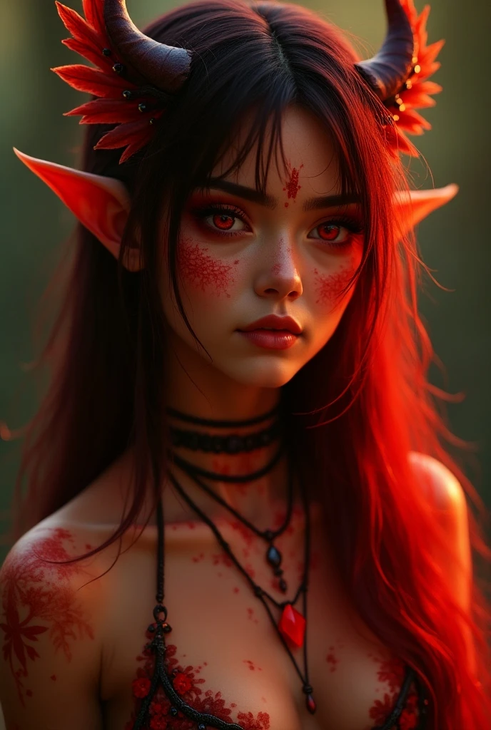 a beautiful busty Asian gothic nun elf woman with demon horns, glowing eyes, and a demon tail, wearing a black and red bikini armor in ancient ruins at night under a full moon, black tattoo, boots, (best quality,4k,8k,highres,masterpiece:1.2),ultra-detailed,(realistic,photorealistic,photo-realistic:1.37),dark fantasy,cinematic lighting,dramatic atmosphere,vibrant colors,intricate details