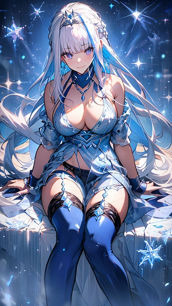  best quality, High image quality ,Masterpiece, adult woman,8 heads,Beautiful Skin, white skin, ,Happy smile,lh1, Hair accessories, Long Hair, royal icing, Tiara, plump thighs,Blue tights,(huge breast) ,Ice Feather,Ice World, crystal ,fantastic sparkling background,Mount Fuji