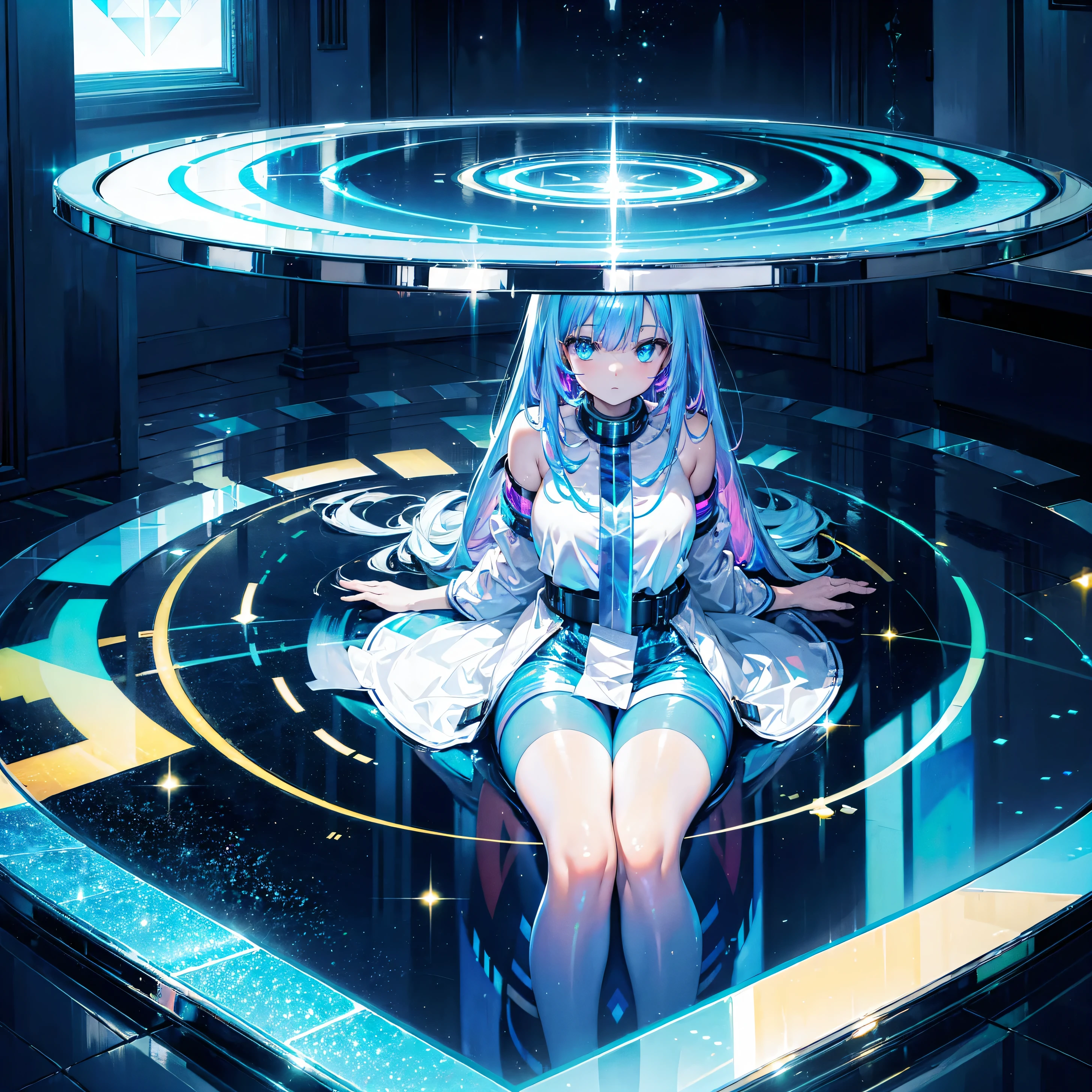 Glaring,Stardust、universe、1 girl(1:2)、Age 25、universe、masterpiece, highest quality, (delicate eyes and face), Volumetric Light, Ray Tracing, Very detailed CG Unity 8k wallpaper, , Hair above one eye, Light blue hair between the eyes、short hair、Light blue hair(1:2)、Looking at the audience, Seductive pose,Beautiful crystal eyes(1:1)、Show your eyes、grin and laugh、The art style resembles an attractive anime style. About image quality, priority (highest quality, 4K, 8k, High resolution, Bodyline 1.2), Very detailed, and (Realistic, Realistic, Realistic:1.37) ,Yoga poses.Ultra-fine painting, Sharp focus, Physically Based Rendering, Extremely detailed, Professional, Bright colors,、White shirt with a little sheer feel、Plump thighs、、phblue
scenery
blue theme