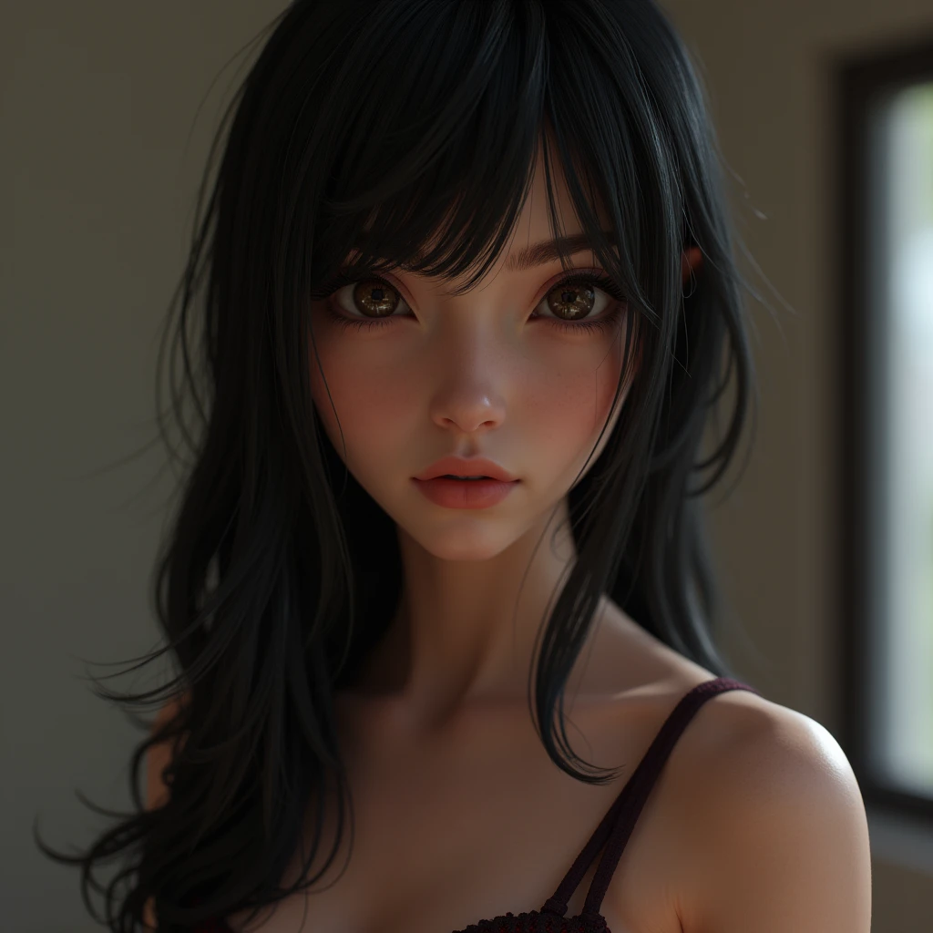 ((perfect anatomy:1.2,realistic:1.3,RAW Photography:1.3,masterpiece、highest quality、Ultra - High resolution、High resolution、Highly detailed CG、8K)),((best quality)), small breasts, round breasts, prominent collarbones, skinny arms, flat stomach, visible hip bones, full body, long hair, straight hair, black hair, image of Claire Redfield, Realistic Shadows, Detailed skin, Very small breasts, round breasts, Very detailed, highly detailed face, Perfect face shape, Perfect lips, Perfect nose, Correct beautiful eyes, Watching Viewer, Best Quality, over revealing outfit, unzipped, ((side view)), show face,
