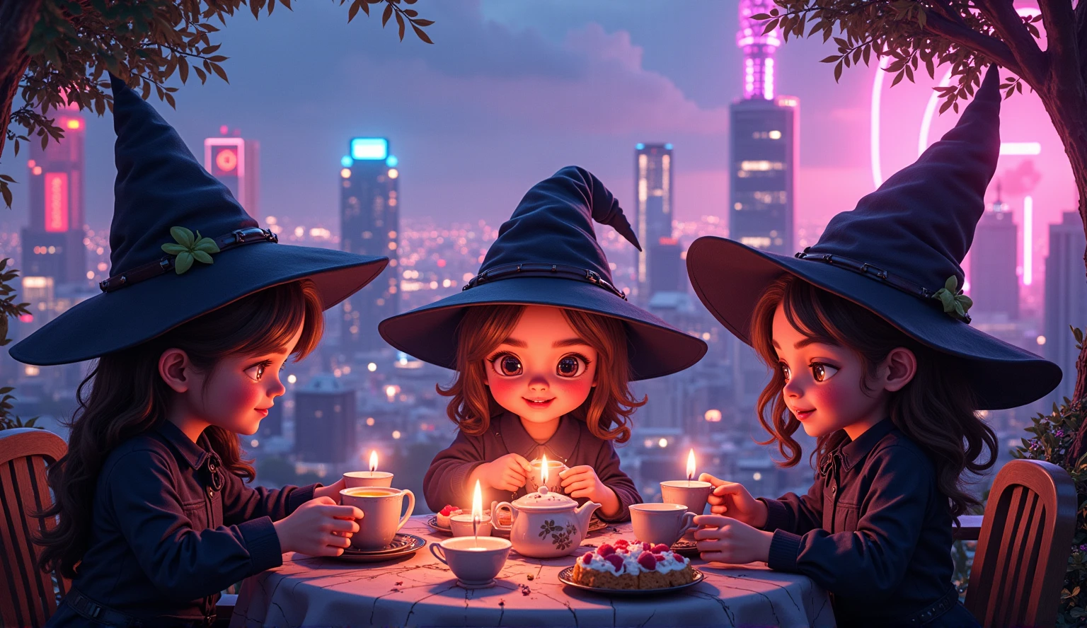 wizard tea, magic tea , magic, chibi, handsome witches, highly detailed realistic eyes, happy, vibrant, colourful, ultra detailed skin with pores, park, wind, horizon, sharp light and shadows, neon lights. sci-fi, cyberpunk, cityscape, panorama, ray tracing, DSLR, UHD, 8k, photorealistic, masterpiece, award-winning