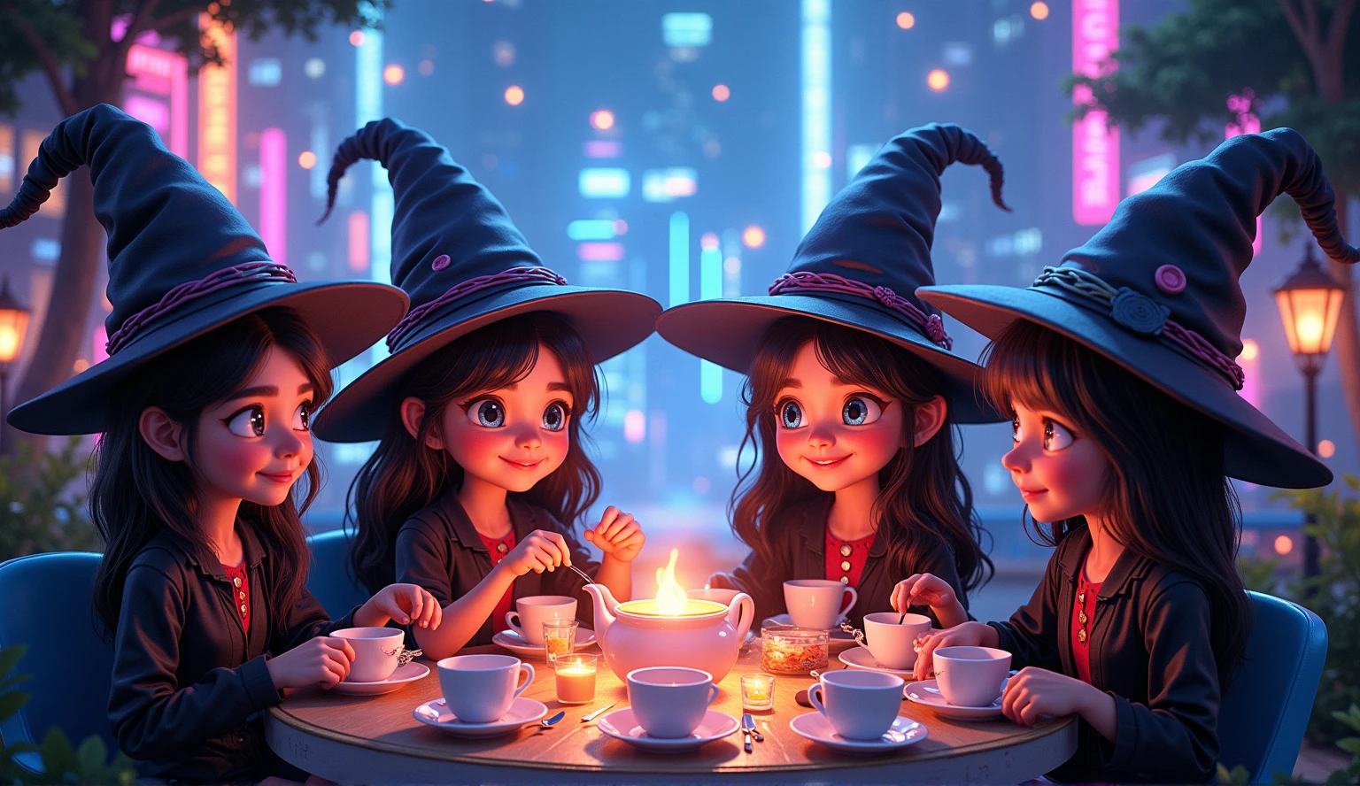 wizard tea, magic tea , magic, chibi, handsome witches, highly detailed realistic eyes, happy, vibrant, colourful, ultra detailed skin with pores, park, wind, horizon, sharp light and shadows, neon lights. sci-fi, cyberpunk, cityscape, panorama, ray tracing, DSLR, UHD, 8k, photorealistic, masterpiece, award-winning