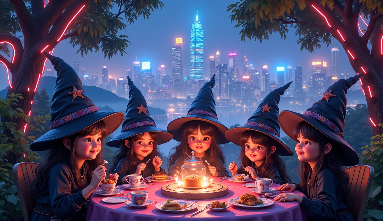 wizard tea, magic tea , magic, chibi, handsome witches, highly detailed realistic eyes, happy, vibrant, colourful, ultra detailed skin with pores, park, wind, horizon, sharp light and shadows, neon lights. sci-fi, cyberpunk, cityscape, panorama, ray tracing, DSLR, UHD, 8k, photorealistic, masterpiece, award-winning