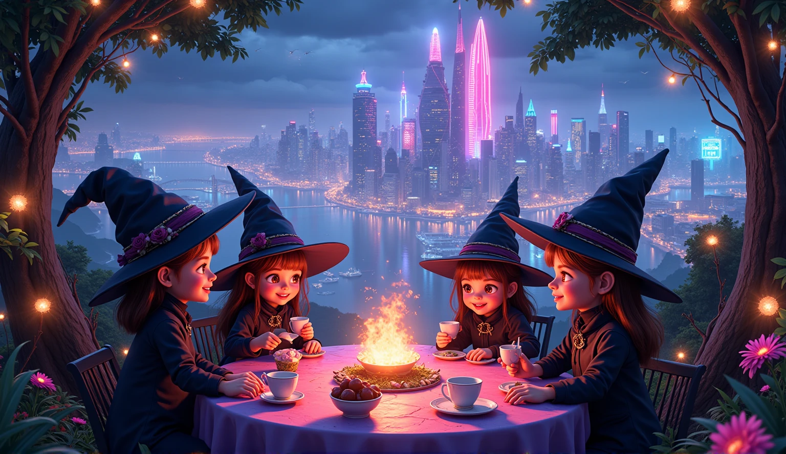 wizard tea, magic tea , magic, chibi, handsome witches, highly detailed realistic eyes, happy, vibrant, colourful, ultra detailed skin with pores, park, wind, horizon, sharp light and shadows, neon lights. sci-fi, cyberpunk, cityscape, panorama, ray tracing, DSLR, UHD, 8k, photorealistic, masterpiece, award-winning