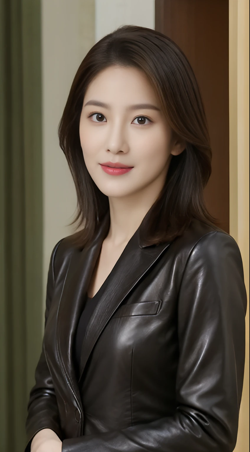  highest image quality in the cabin、 Ultra High Resolution 、 1 girl at home，Short hair details、 exquisite and beautiful face 、 wearing a leather long sleeve suit、Standing