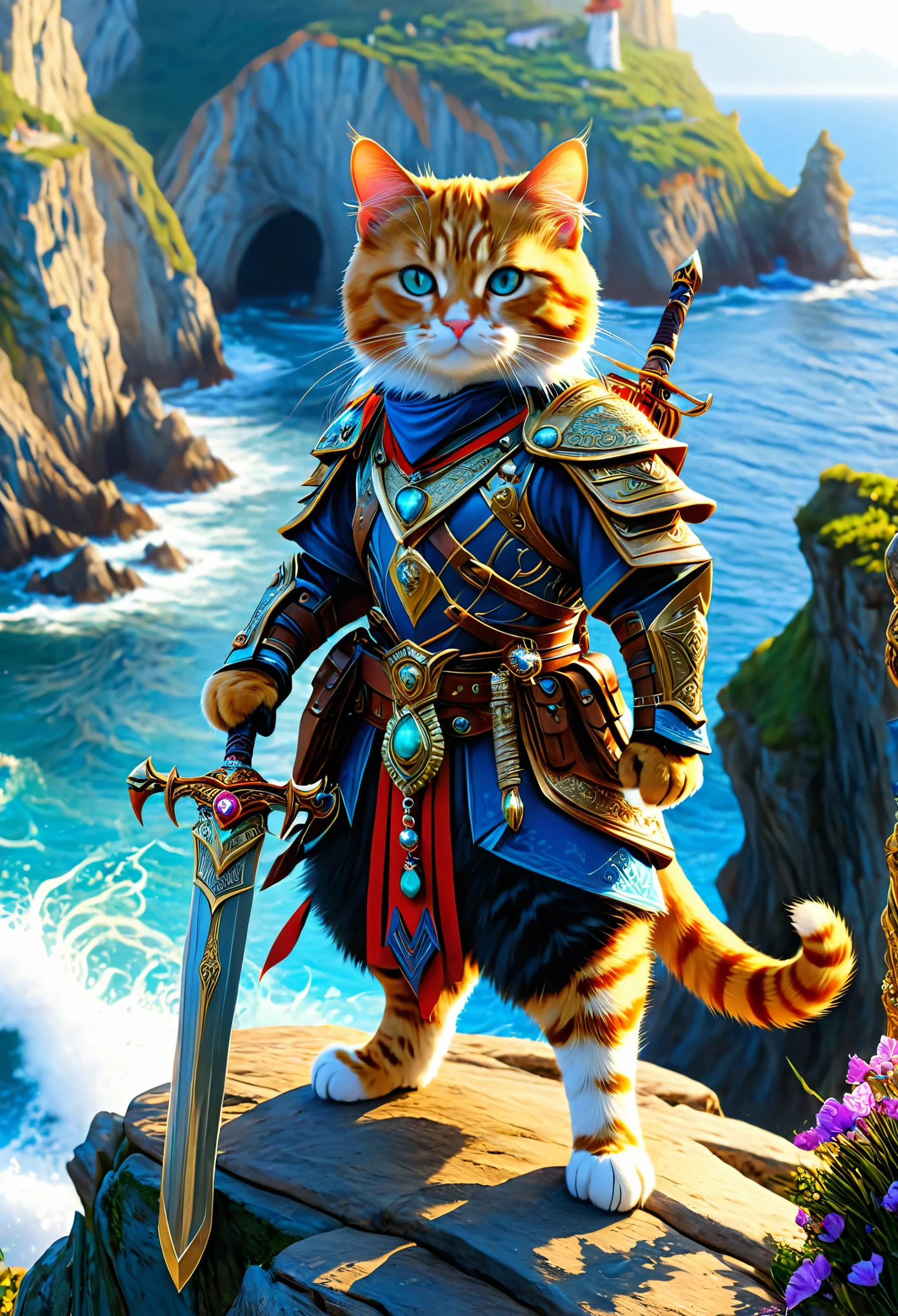 Adventurer's cat, now brave, wearing luxurious ornaments and weapons, standing on a seaside cliff