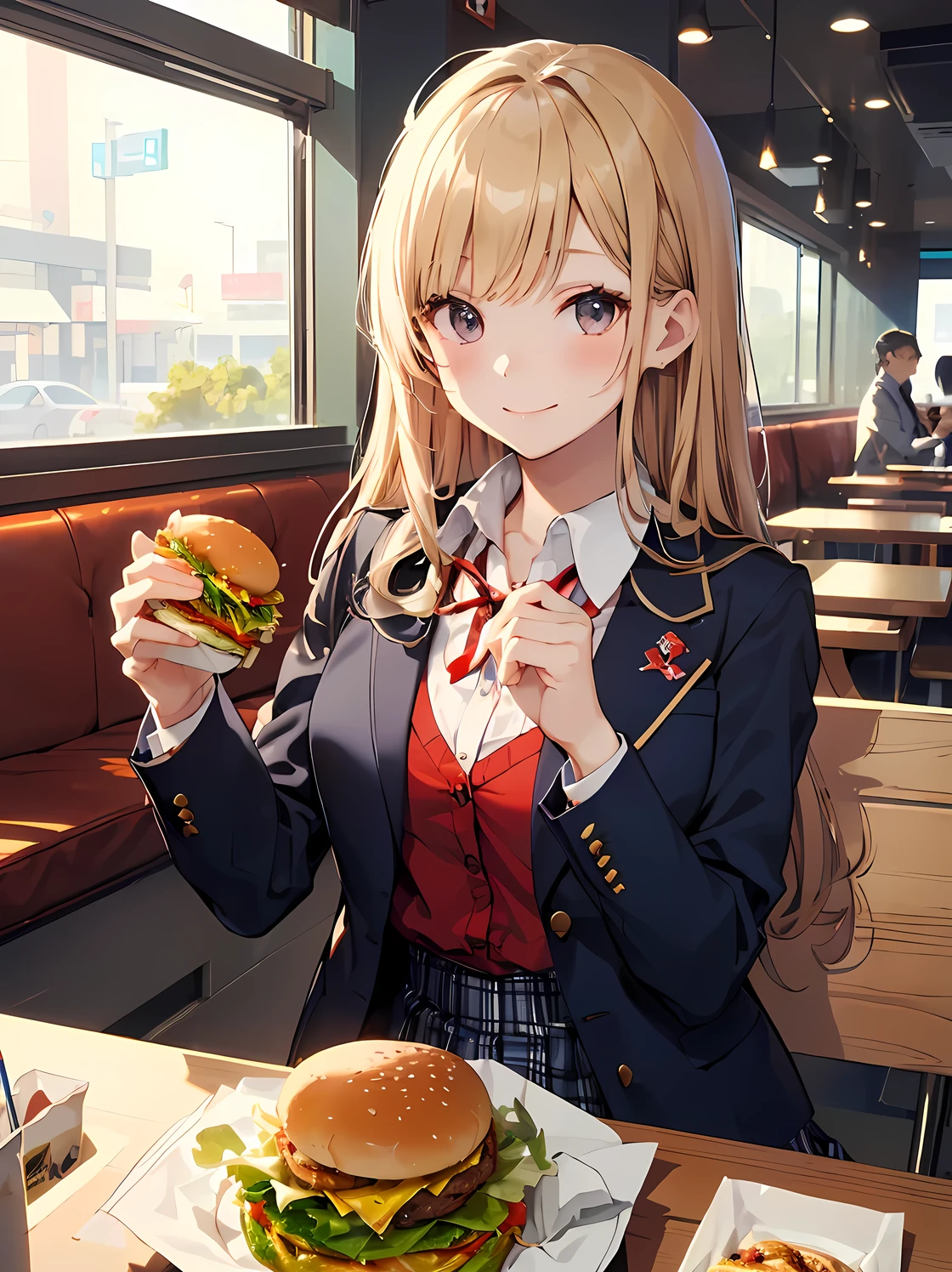 (((Best quality, 8k, Masterpiece: 1.3)), ((best quality)), ((masterpiece)), (detailed), perfect face, A Japanese high school girl sitting inside a McDonald's, enjoying a hamburger after school. She is still wearing her school uniform, consisting of a navy blue blazer, a red ribbon at her collar, and a plaid skirt. She looks relaxed and happy, sitting in a booth, holding a hamburger with one hand, and smiling. The McDonald's interior features bright lighting, red and yellow colors, and the fast-food atmosphere. Outside the window, it's the late afternoon with a bit of sunlight streaming in, suggesting she's stopped by after classes