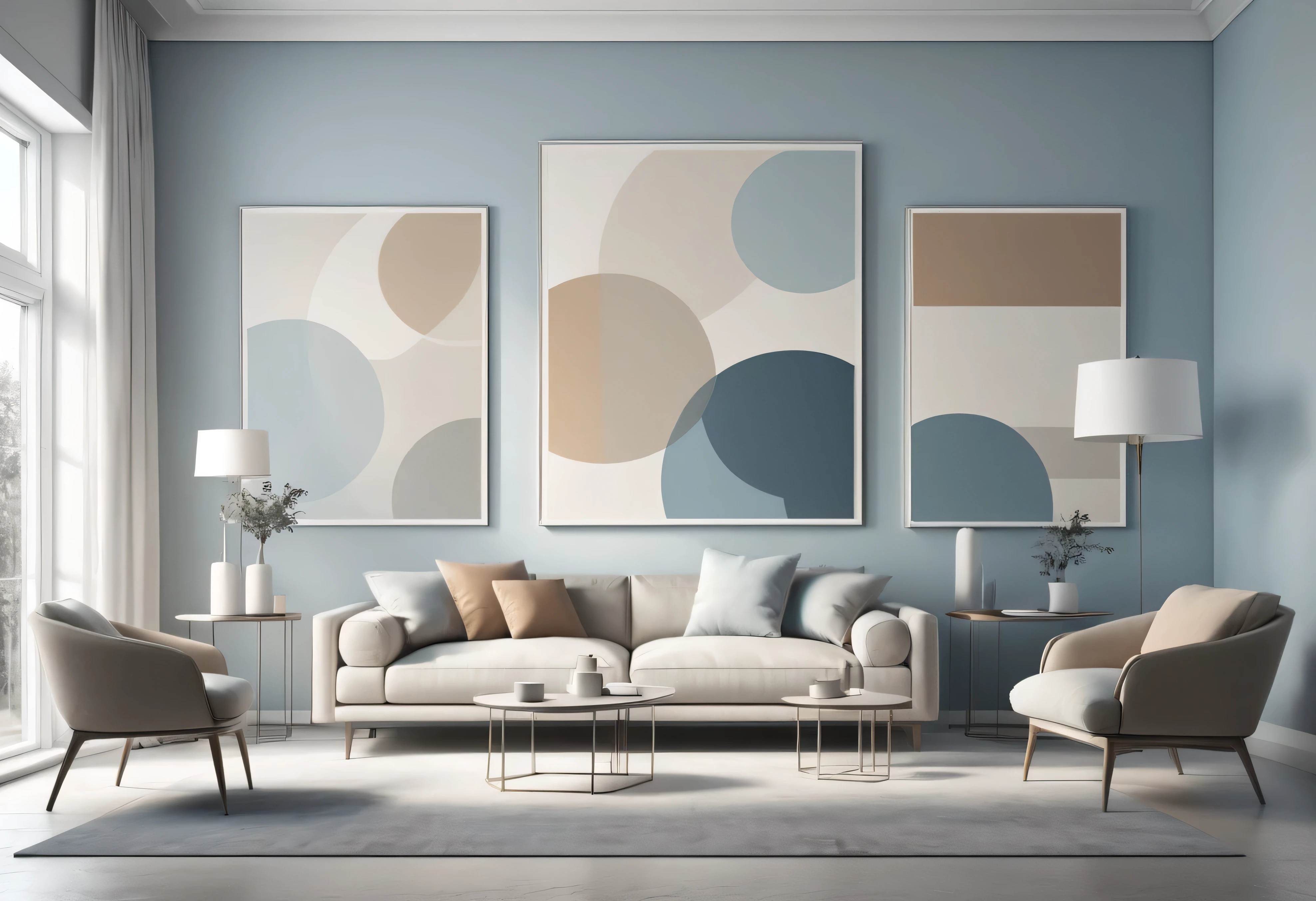 A minimalist modern abstract background with a clean, simple design. The composition features soft gradients of muted colors, such as light gray, beige, and soft blue, blending smoothly across the canvas. Geometric shapes like circles, rectangles, and lines are arranged in an asymmetrical pattern, creating a sense of balance and harmony. The overall design is sleek and elegant, with a focus on simplicity and negative space, perfect for a contemporary and sophisticated look