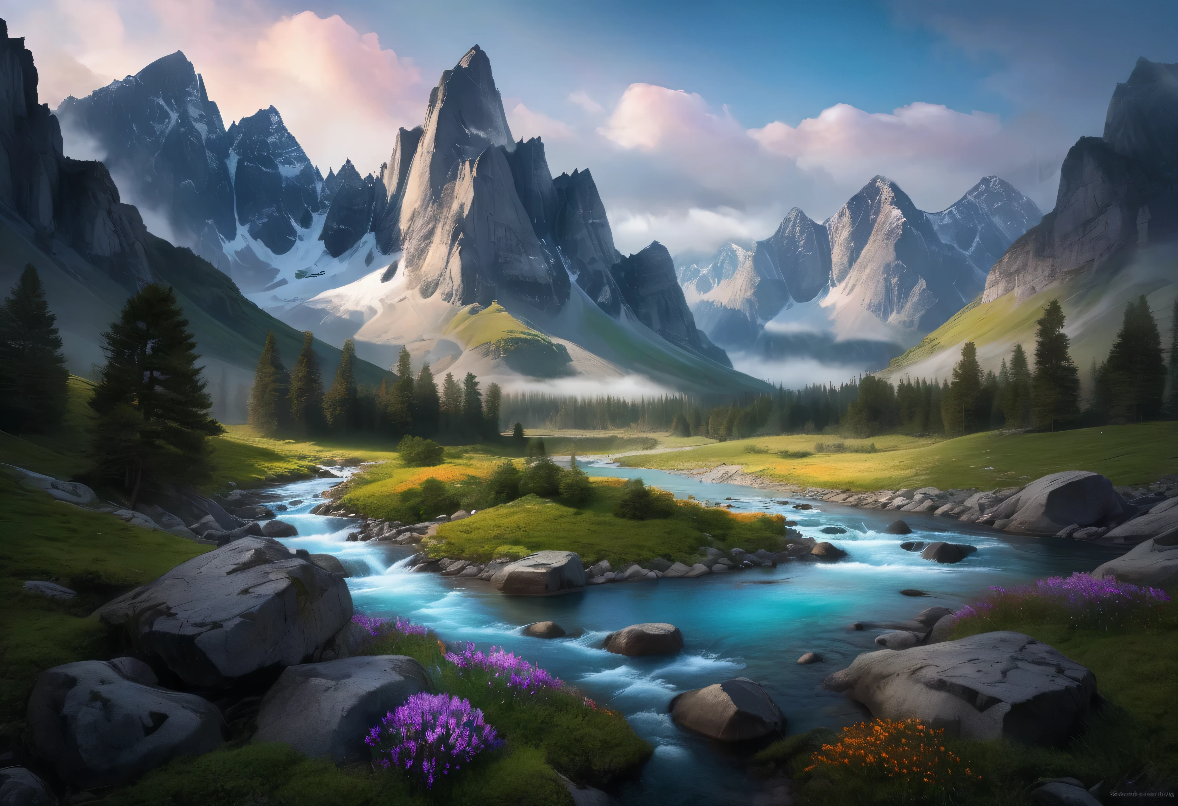 A breathtaking landscape of towering mountains with jagged, sharp peaks rising dramatically into the sky, surrounded by mist and low-hanging clouds. The mountains are covered in patches of snow, contrasting with dark rocky cliffs. Below, a crystal-clear river winds through the valley, its turquoise waters flowing rapidly over smooth, black stones. Along the riverbanks, vibrant wildflowers and moss-covered boulders add bursts of color, while occasional waterfalls cascade from the mountain sides into the river. The sky is a mix of soft dawn colors, blending orange and purple, casting a serene, ethereal glow over the entire scene