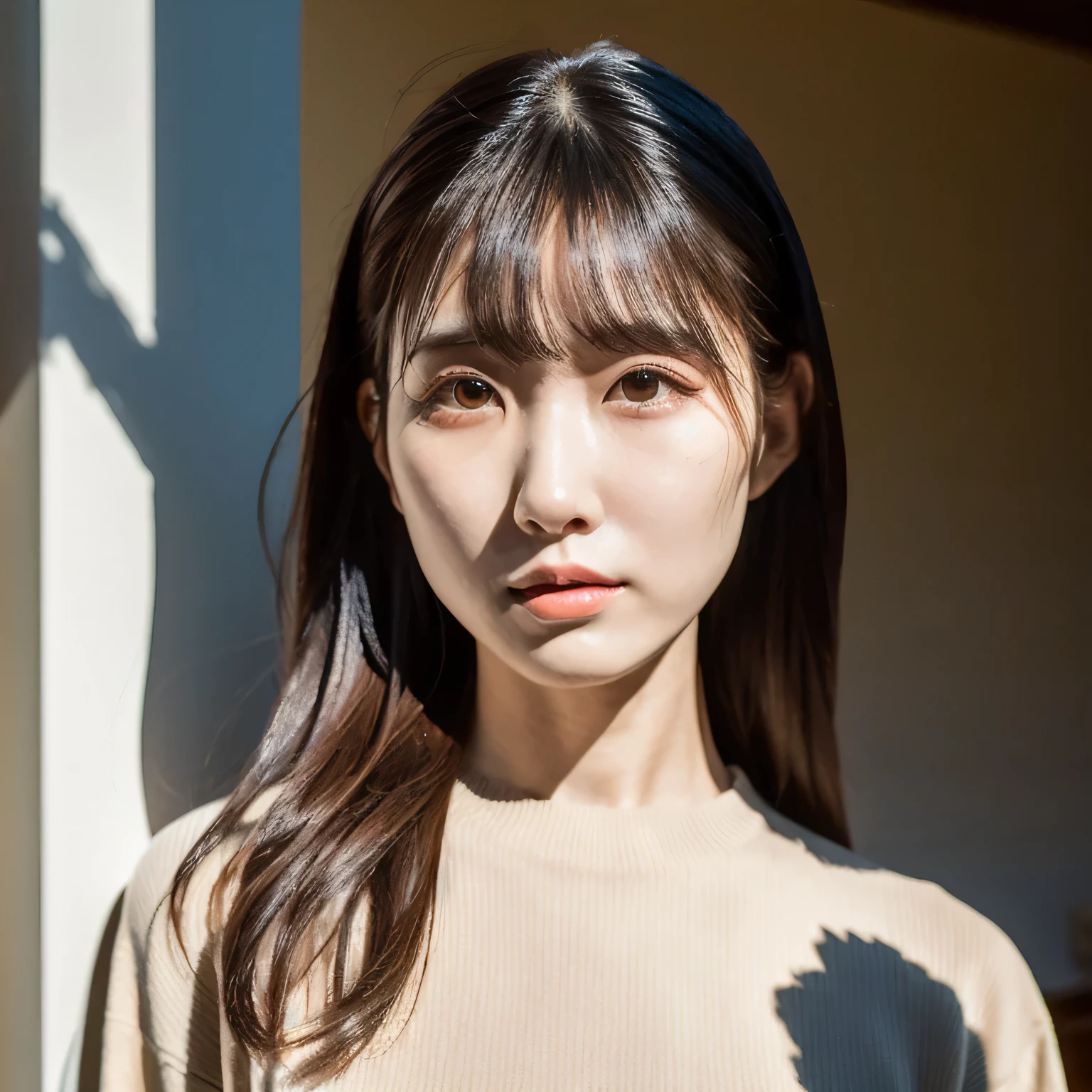 Best Quality}, {{masterpiece}}, { so delicate and beautiful},Outstanding light and dark, Detailed Rooms , Bright and Clear Sunlight , 1 girl, Wrinkles on My Pores and Skin Are Clear 、 Staring at Me , Black Face , Strong sunlight,Delicate and messy hair, , realistic skin texture , Long Sleeves Wearing Full Body Clothes