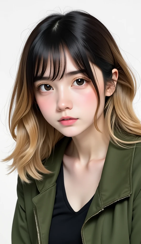 masterpiece、  white background、18-year-old female、 Casual attire such as a black or green jacket、Black-haired、Waist-length hair、Character Setup Diagram 、The tips of the hair are golden、