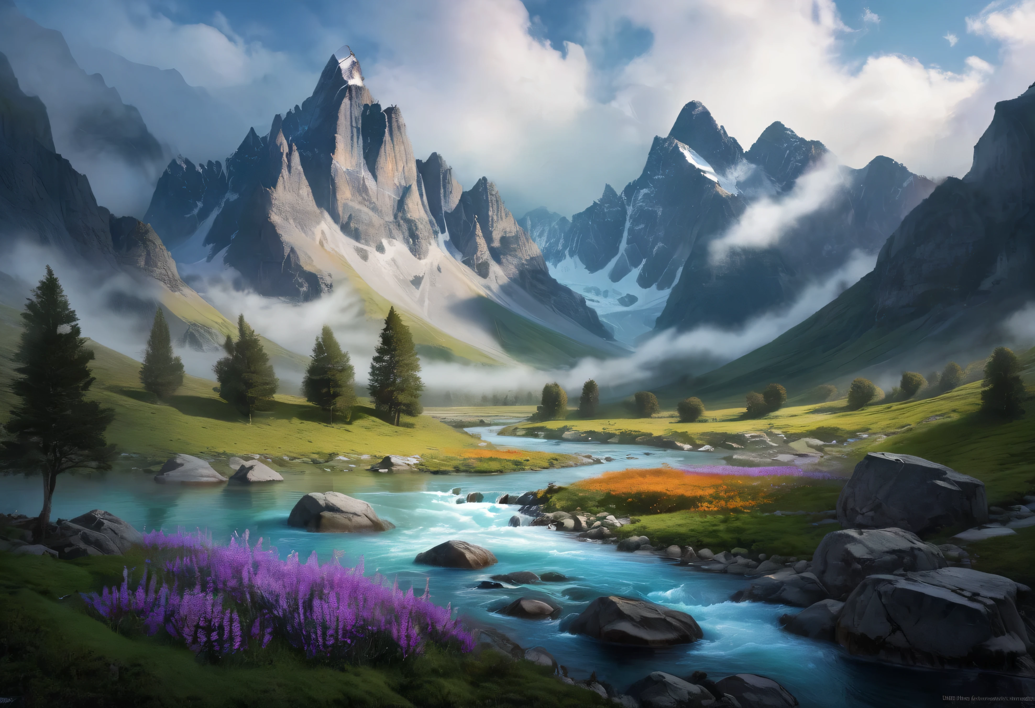 A breathtaking landscape of towering mountains with jagged, sharp peaks rising dramatically into the sky, surrounded by mist and low-hanging clouds. The mountains are covered in patches of snow, contrasting with dark rocky cliffs. Below, a crystal-clear river winds through the valley, its turquoise waters flowing rapidly over smooth, black stones. Along the riverbanks, vibrant wildflowers and moss-covered boulders add bursts of color, while occasional waterfalls cascade from the mountain sides into the river. The sky is a mix of soft dawn colors, blending orange and purple, casting a serene, ethereal glow over the entire scene