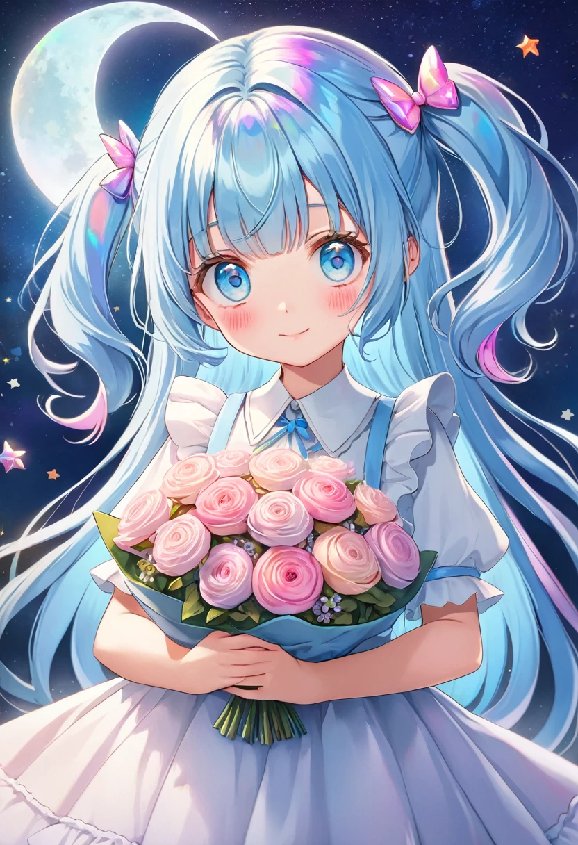 asterpiece, best quality, extremely detailed, (illustration, official art:1.1), 1 girl ,(((( light blue hair)))), , ((iridescent hair, half blue and half pink hair: 1.2)),,(((( light blue long hair)))),light blue hair, ,((blush)) , cute face, big eyes, masterpiece, best quality,(((((a very delicate and beautiful girl))))),Amazing,beautiful detailed eyes,blunt bangs((((little delicate girl)))),(((tareme))),droopy eyes.(true beautiful:1.2), sense of depth,dynamic angle,,,, affectionate smile, (true beautiful:1.2),,(tiny 1girl model:1.2),)(flat chest),Fallen angel girl, twin tails, maid outfit, gently glowing eyes, holding a big bouquet, colorful bouquet, gentle smile, silhouette of moon and stars, Halloween Witch,Halloween Style
