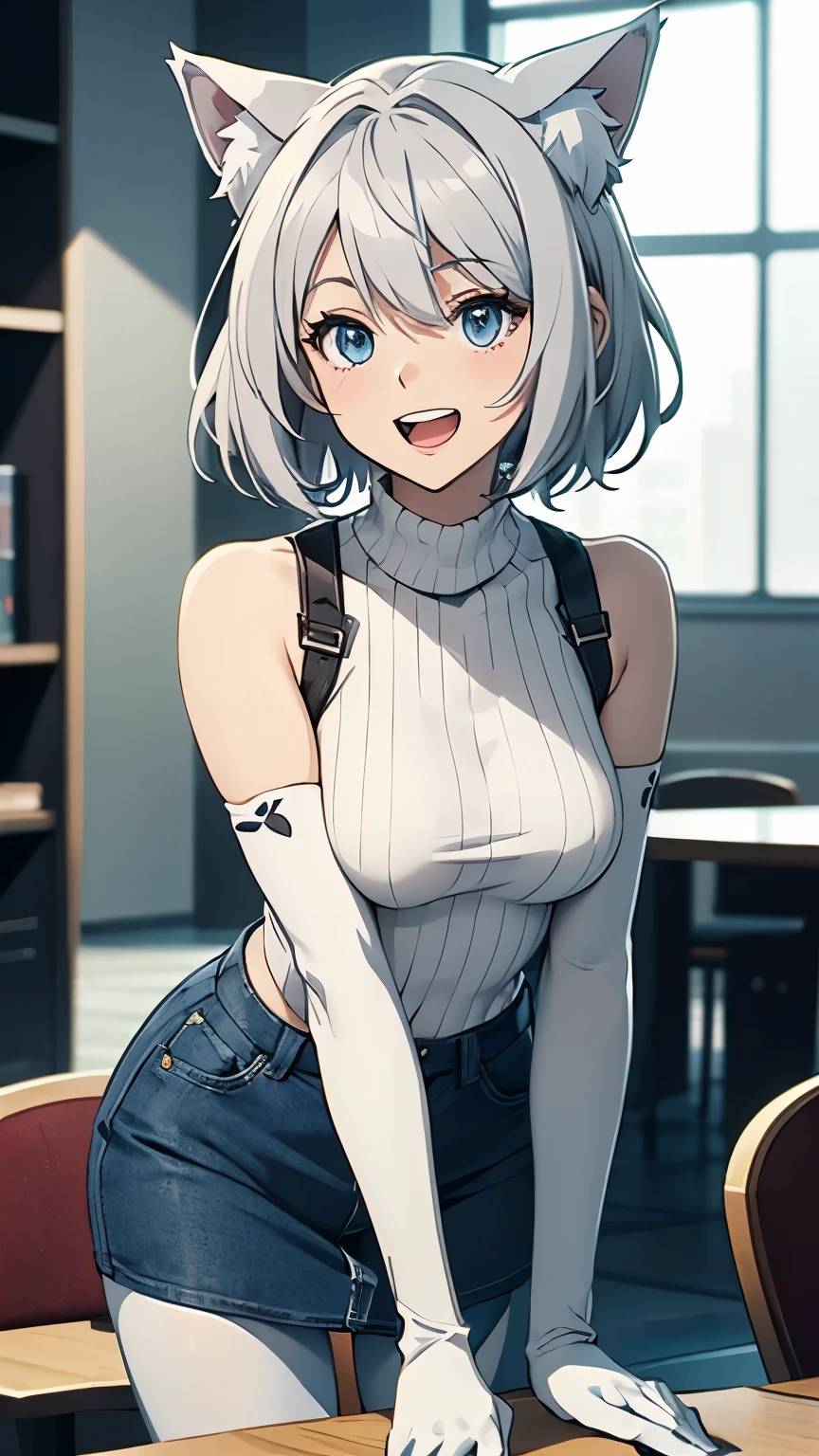Tabletop High resolution Best image quality 8k Adult female Anime Style White long gloves(Elbow Gloves) White knit sweater(Sleeveless) Shorts(denim) Panty stocking(white) White wolf ears short hair((Shortcuts)(Gray Hair)(Perm)(fluffy)) blue eyes Attractive face((Laughter)(smile)(Open your mouth)) Are standing