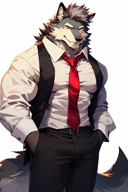 Solo, score_9,score_8_up,score_7_up, an Anthro furry male wolf, Tall and slender, skinny, brown shaggy hair, brown eyes, one eye closed. One black eye, black thick rim glasses, cracked broken glasses, wearing white button up shirt, black tie, black slacks, ripped shirt, untied messy tie, simple white background, clenched teeth, frowning, lookin like he’s in pain, holding some cash dollars, limping, walking, beaten and bruised