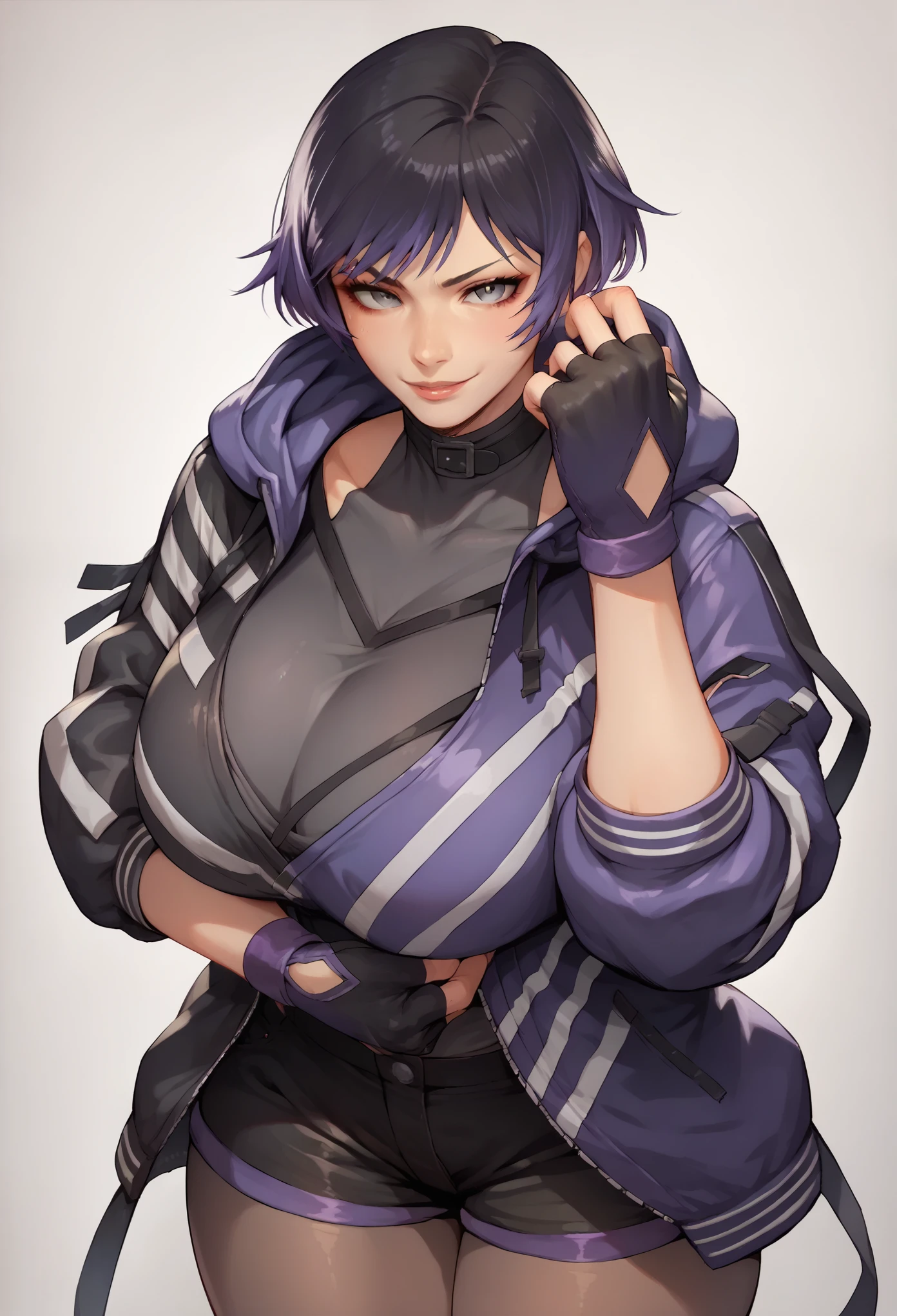 (Score_9,score_8_up, score_7_up, seductive face, seductive expression),reina mishima,1girl,looking at viewer,smile,short hair,black hair,gloves,jacket,purple hair,pantyhose,shorts,hood,fingerless gloves,grey eyes,black shorts, huge breasts, wide hips, source_anime 