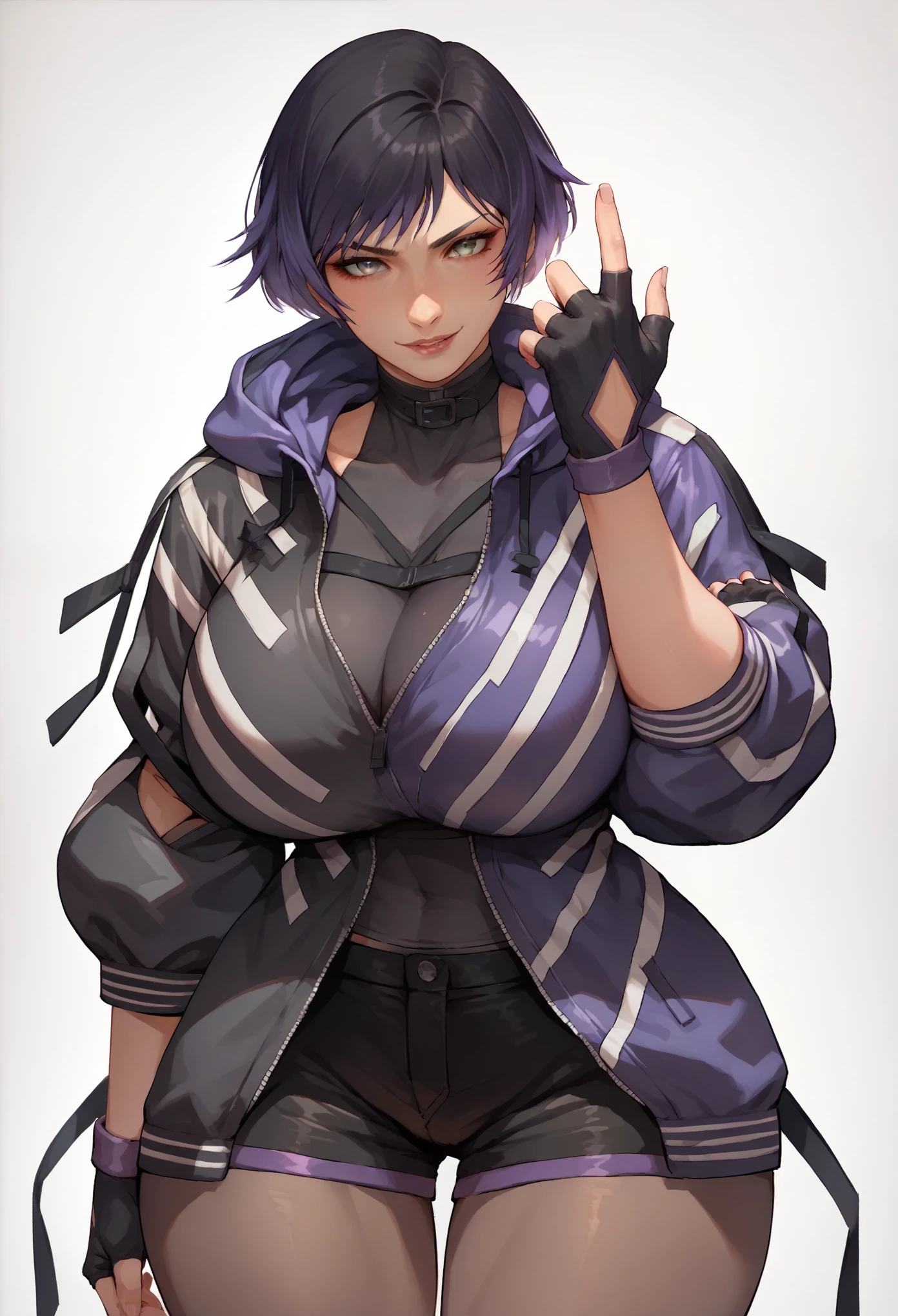 (Score_9,score_8_up, score_7_up, seductive face, seductive expression),reina mishima,1girl,looking at viewer,smile,short hair,black hair,gloves,jacket,purple hair,pantyhose,shorts,hood,fingerless gloves,grey eyes,black shorts, huge breasts, wide hips, source_anime 