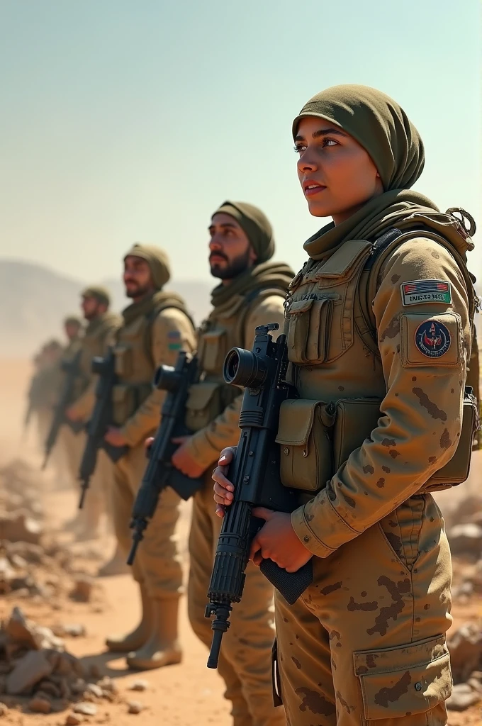 Group of four strong Syrian women fighting to conquer the sea on a warship, hijab, cannon shots in the sea, splashes of water. Tilt shot