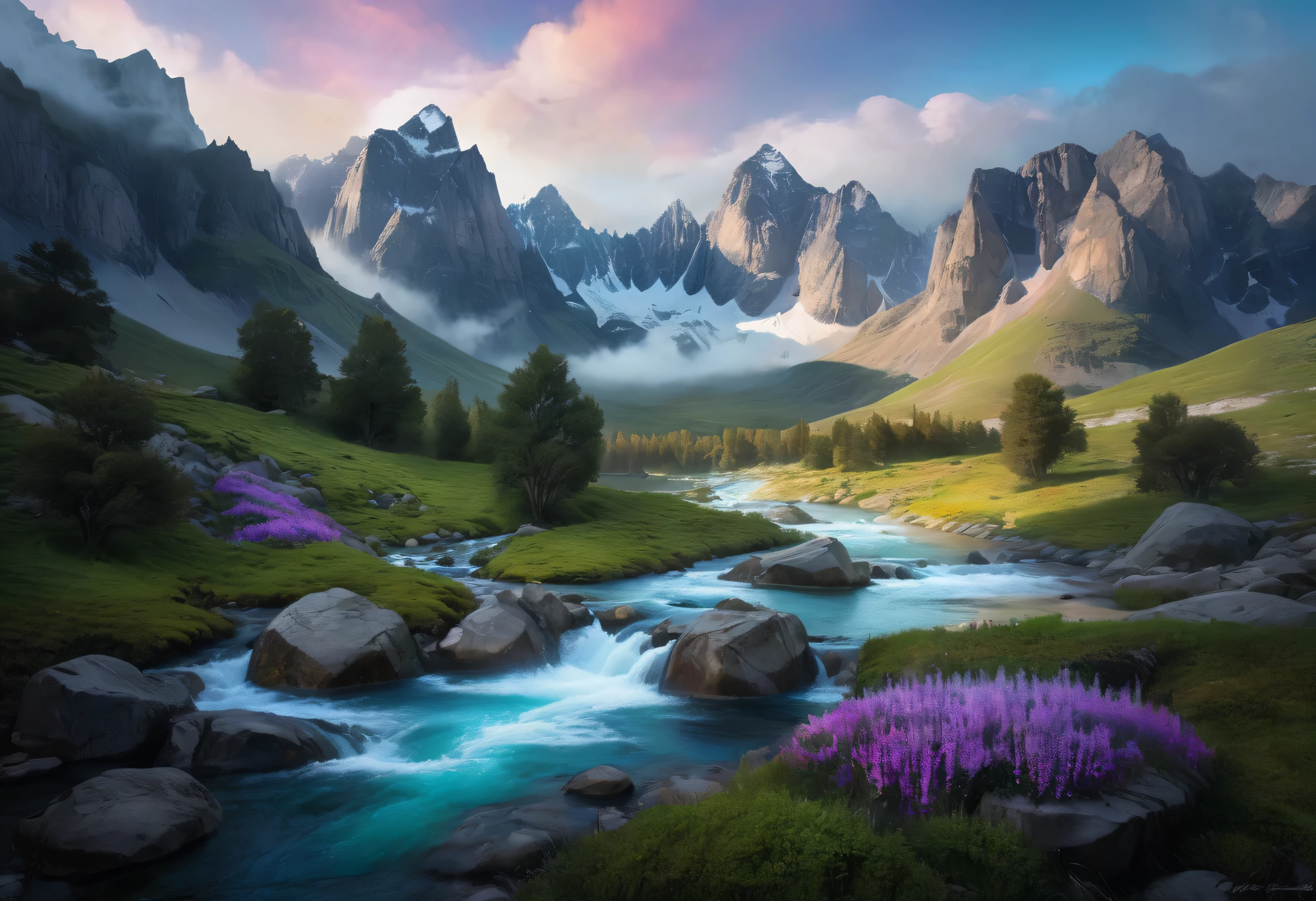 A breathtaking landscape of towering mountains with jagged, sharp peaks rising dramatically into the sky, surrounded by mist and low-hanging clouds. The mountains are covered in patches of snow, contrasting with dark rocky cliffs. Below, a crystal-clear river winds through the valley, its turquoise waters flowing rapidly over smooth, black stones. Along the riverbanks, vibrant wildflowers and moss-covered boulders add bursts of color, while occasional waterfalls cascade from the mountain sides into the river. The sky is a mix of soft dawn colors, blending orange and purple, casting a serene, ethereal glow over the entire scene