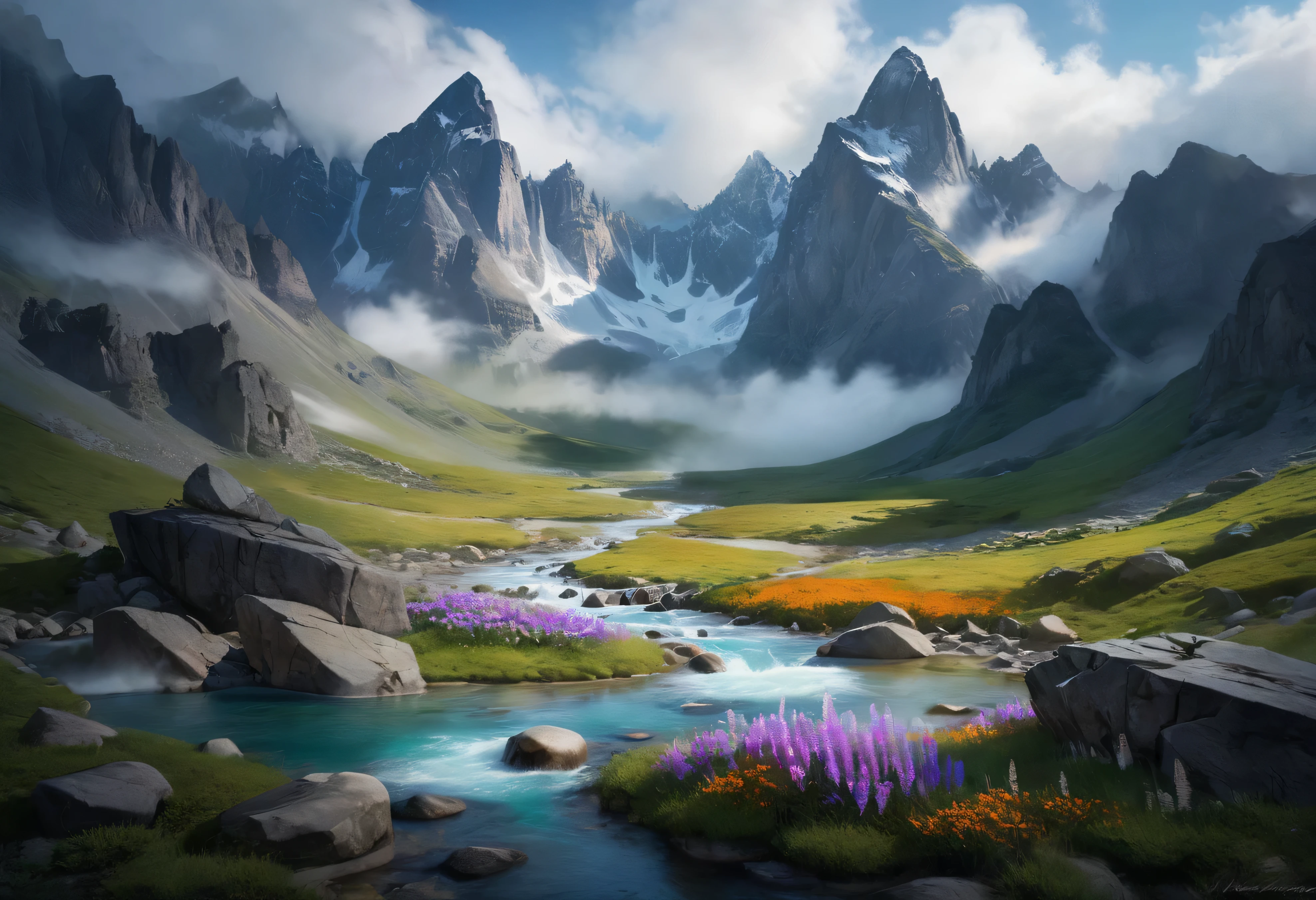 A breathtaking landscape of towering mountains with jagged, sharp peaks rising dramatically into the sky, surrounded by mist and low-hanging clouds. The mountains are covered in patches of snow, contrasting with dark rocky cliffs. Below, a crystal-clear river winds through the valley, its turquoise waters flowing rapidly over smooth, black stones. Along the riverbanks, vibrant wildflowers and moss-covered boulders add bursts of color, while occasional waterfalls cascade from the mountain sides into the river. The sky is a mix of soft dawn colors, blending orange and purple, casting a serene, ethereal glow over the entire scene