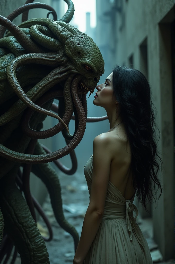 A creature with tentacles enters and corners the sexy girl