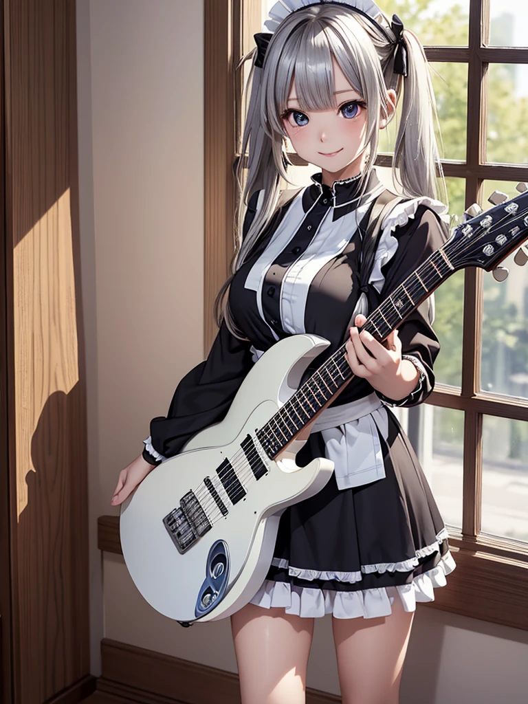 8k, Best Quality, The real picture,  complicated details, Very detailed,  super high definition, Depth Field, ( realistic, realistic),  table top to cover upper arms, (( shot above the knee)), ((((Standing and playing an electric guitar)))), ((( 1 girl))), eye_Chan,  so beautiful, innocent big eyes, Beautiful breasts, 非常に詳細なeye, (Beautiful breasts), ((Silver Hair)), (Braided twin tails), (Asymmetrical bangs), Perfect Skin, Fair skin, Small breasts, Tight waist, Alone,  viewers almost at night, (smile), ((Maid uniform)), ( black miniskirt in a window seat), (Standing in the concert hall )