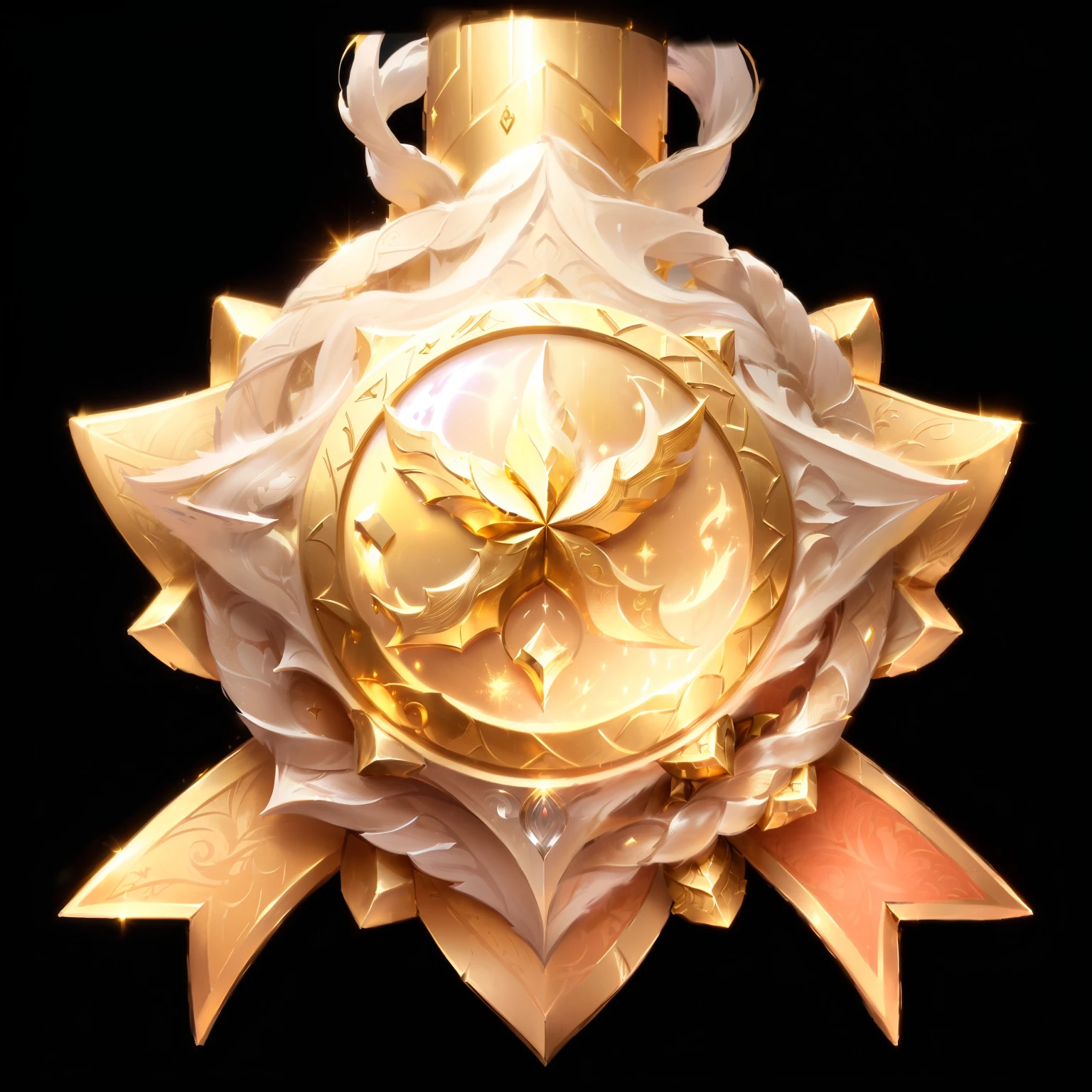 a highly detailed, intricate medal made of gold and silver metal, with embossed patterns and textures, elegant leather accents, flowing ribbons, fantasy magical elements, game icons and symbols from World of Warcraft and League of Legends, stylized video game item, League of Legends themed