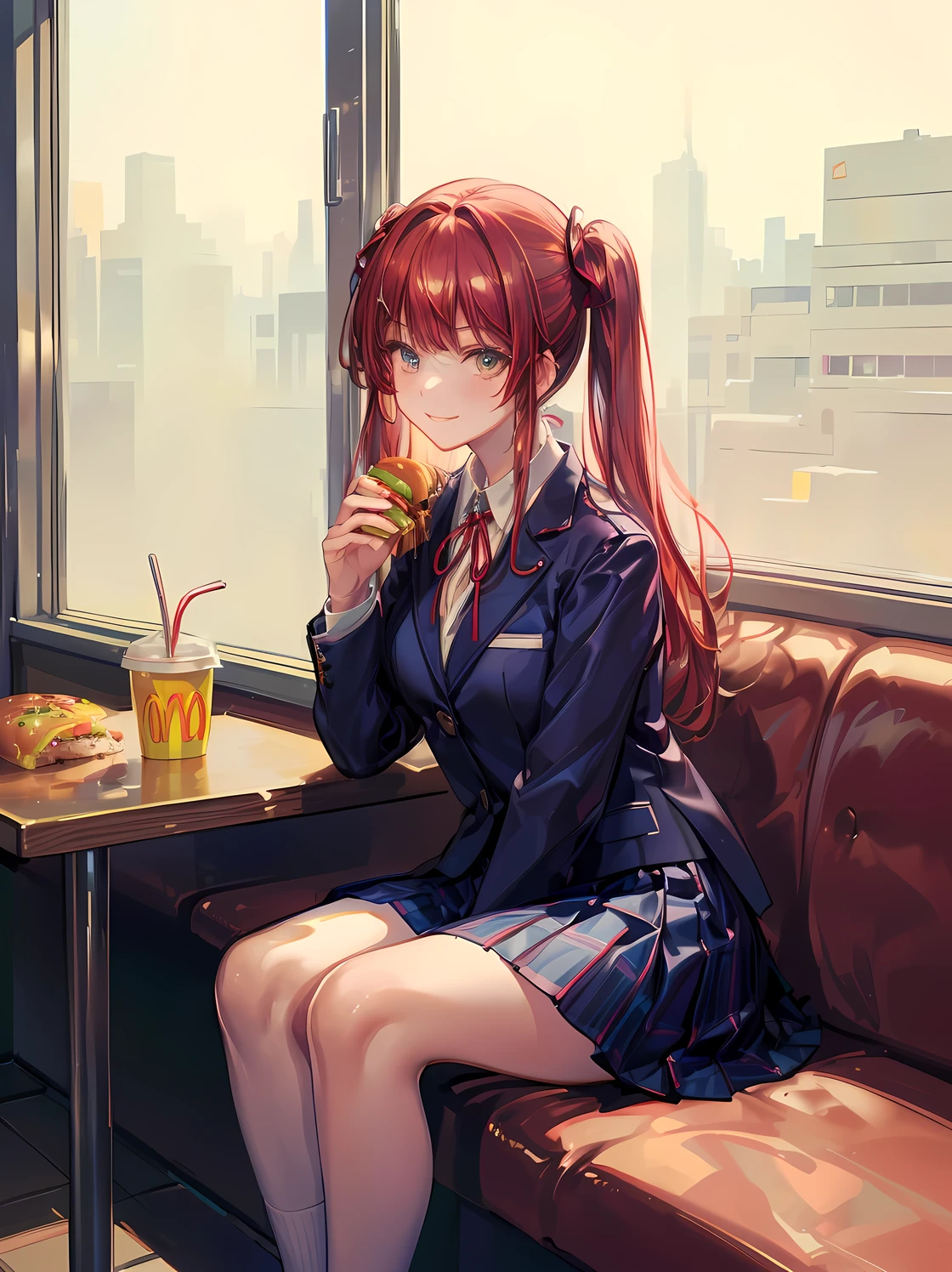 (((Best quality, 8k, Masterpiece: 1.3)), ((best quality)), ((masterpiece)), (detailed), perfect face, A Japanese high school girl sitting inside a McDonald's, enjoying a hamburger after school. She is still wearing her school uniform, consisting of a navy blue blazer, a red ribbon at her collar, and a plaid skirt. She looks relaxed and happy, sitting in a booth, holding a hamburger with one hand, and smiling. The McDonald's interior features bright lighting, red and yellow colors, and the fast-food atmosphere. Outside the window, it's the late afternoon with a bit of sunlight streaming in, suggesting she's stopped by after classes