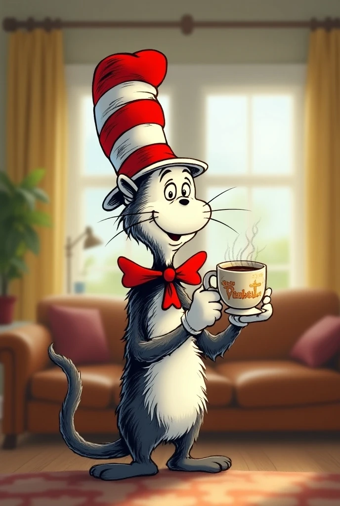 the cat in the hat is drinking coffee