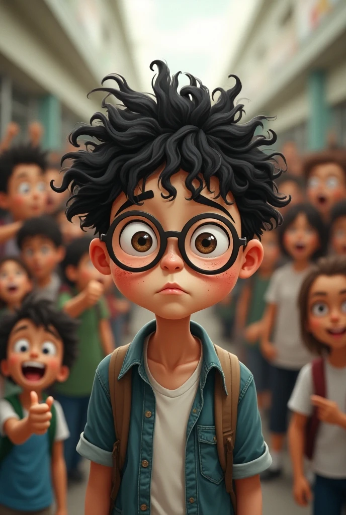 make a curly head kid , with big glasses, with alot of freckles and pimples, in the school with alot of people laughing at him in the background, he has chinese eyes