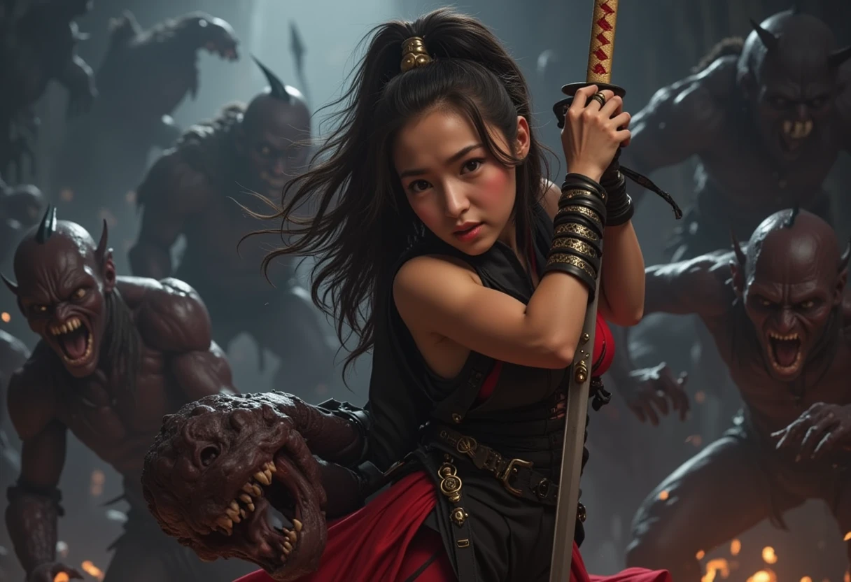 1woman, beautiful detailed eyes, face to thigh , beautiful detailed lips, extremely detailed face, longeyelashes, sexy black-red ninja suit, red bra,  Flowing red fabric from ninja suit, samurai sword in her hand, blood smear on her face , fighting pose, one hand hold monster head, ,  fantasy landscape, many monsters in background, cinematic lighting, dramatic atmosphere, intricate details, moody colors, digital art, hyper-realistic