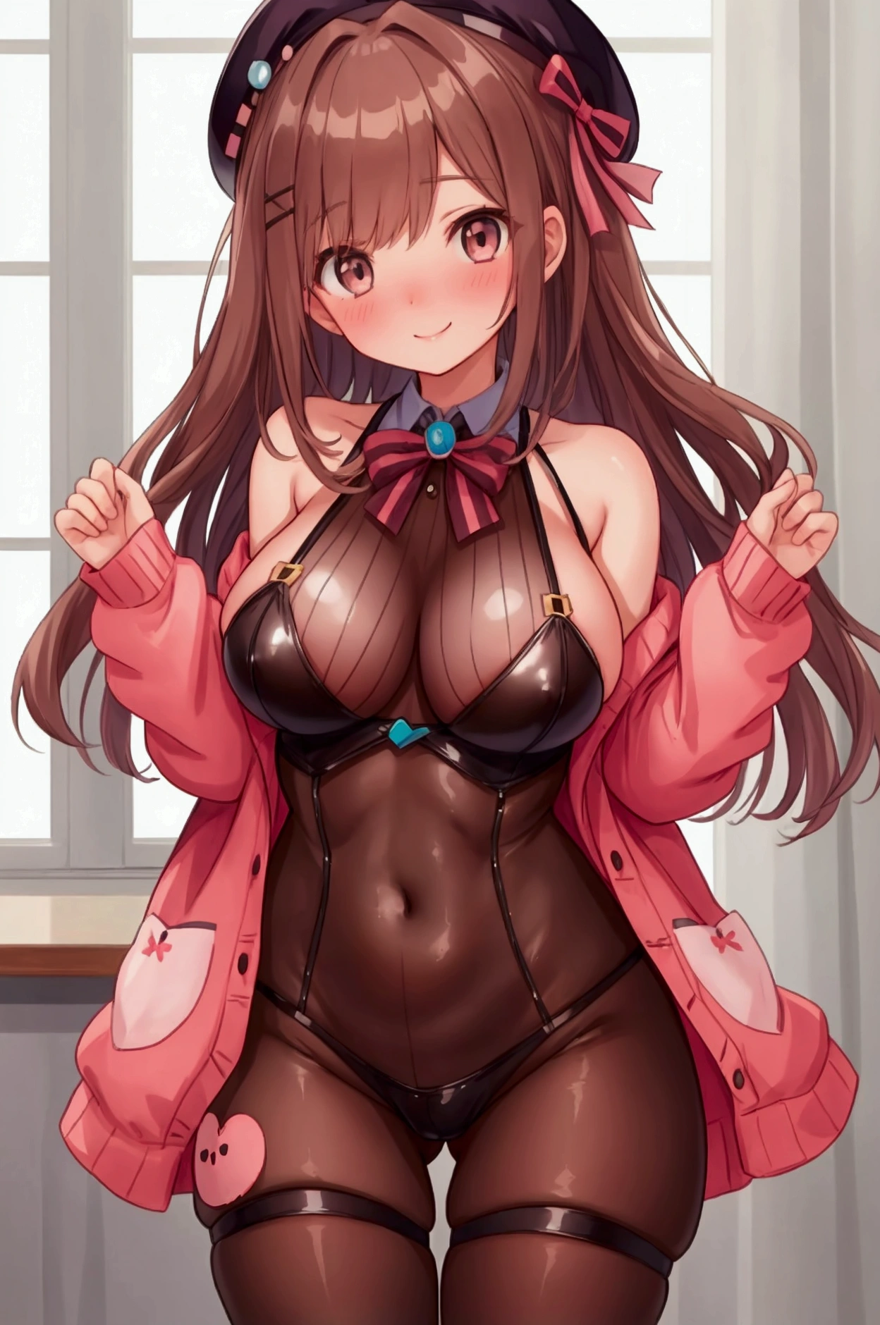 girl,Lulu Suzuhara、Brown Hair、Beret、smile、Embarrassed、Large Breasts、 bodysuit、See-through、 Looking Here 、 High Resolution ,High image quality,