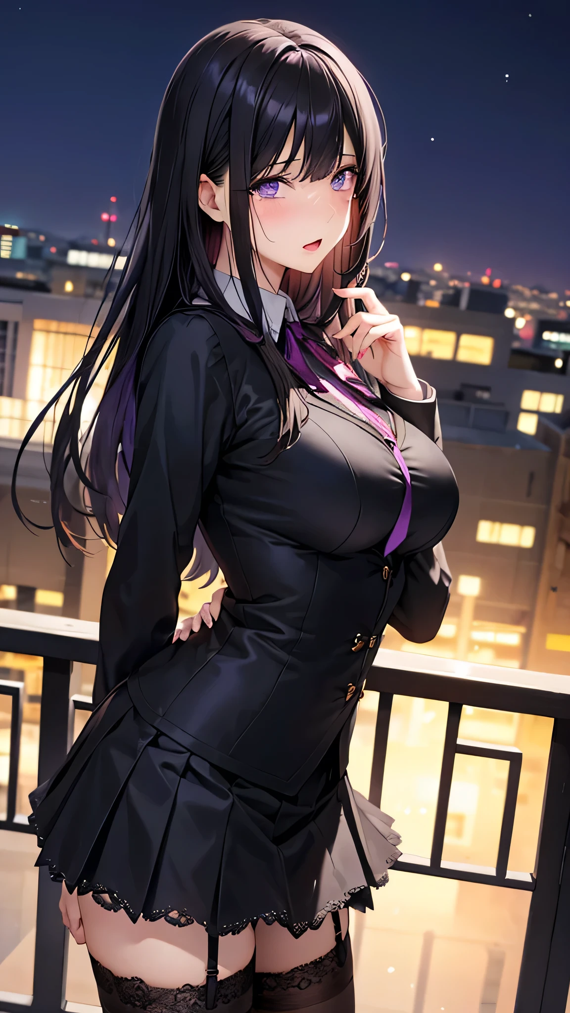  adult woman, Alone, sexy,8K resolution,((Best Quality)), super high definition, (Sad face,tears), ( purple eyes),  Beautiful Symmetrical Face , ( Long Black Hair ), lace formal shirt leaning against a fence black skirt, black stockings,Realistic:1.4,Realistic:1.4,(masterpiece:1.2), perfect eyes,Perfect Eyes, Anatomically Correct Human Body,Perfect waist,Perfect thighs,(Open your mouth),Rooftop at night,柵に寄りかかる, side angle