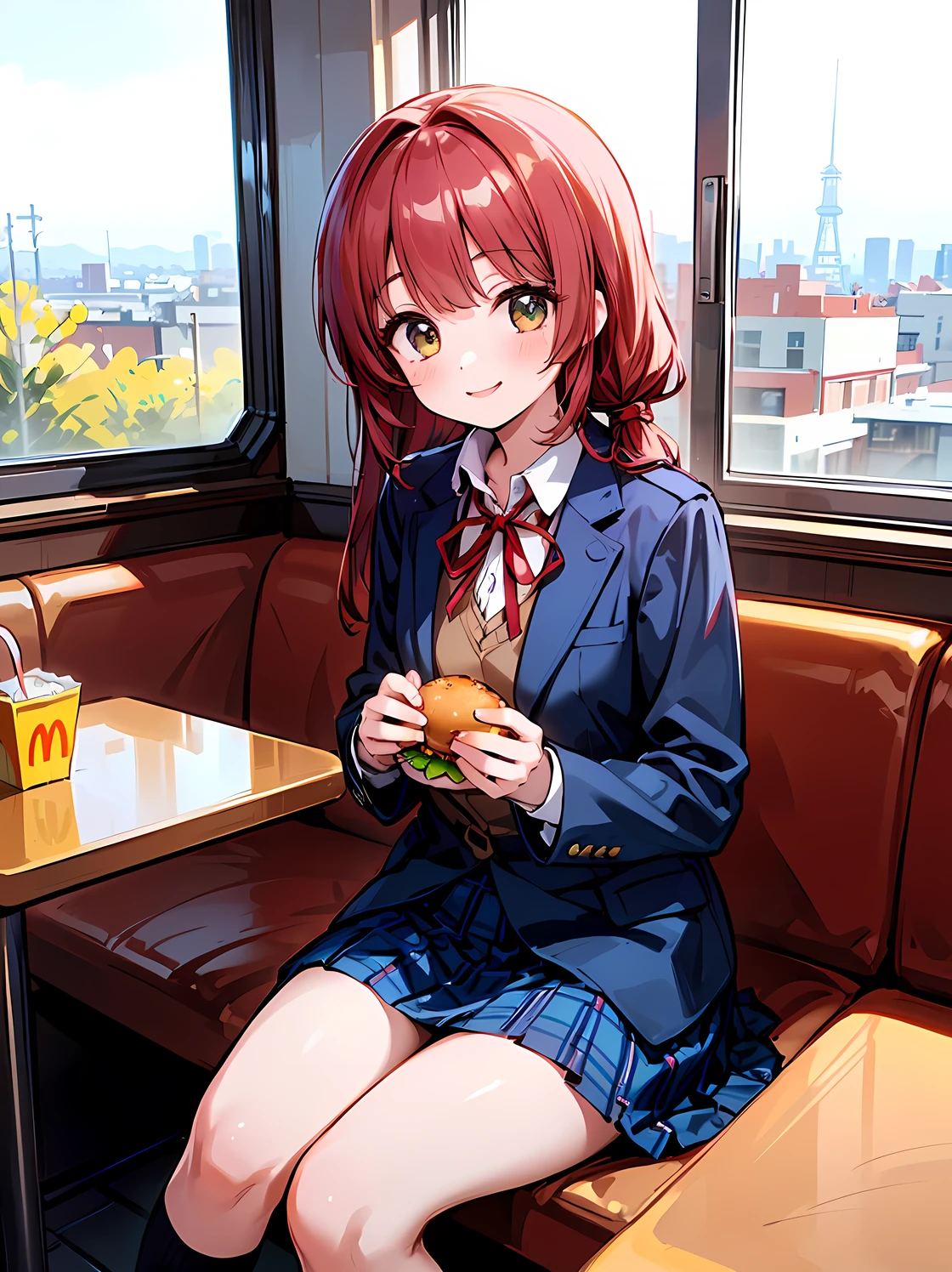 (((Best quality, 8k, Masterpiece: 1.3)), ((best quality)), ((masterpiece)), (detailed), perfect face, A Japanese high school girl sitting inside a McDonald's, enjoying a hamburger after school. She is still wearing her school uniform, consisting of a navy blue blazer, a red ribbon at her collar, and a plaid skirt. She looks relaxed and happy, sitting in a booth, holding a hamburger with one hand, and smiling. The McDonald's interior features bright lighting, red and yellow colors, and the fast-food atmosphere. Outside the window, it's the late afternoon with a bit of sunlight streaming in, suggesting she's stopped by after classes