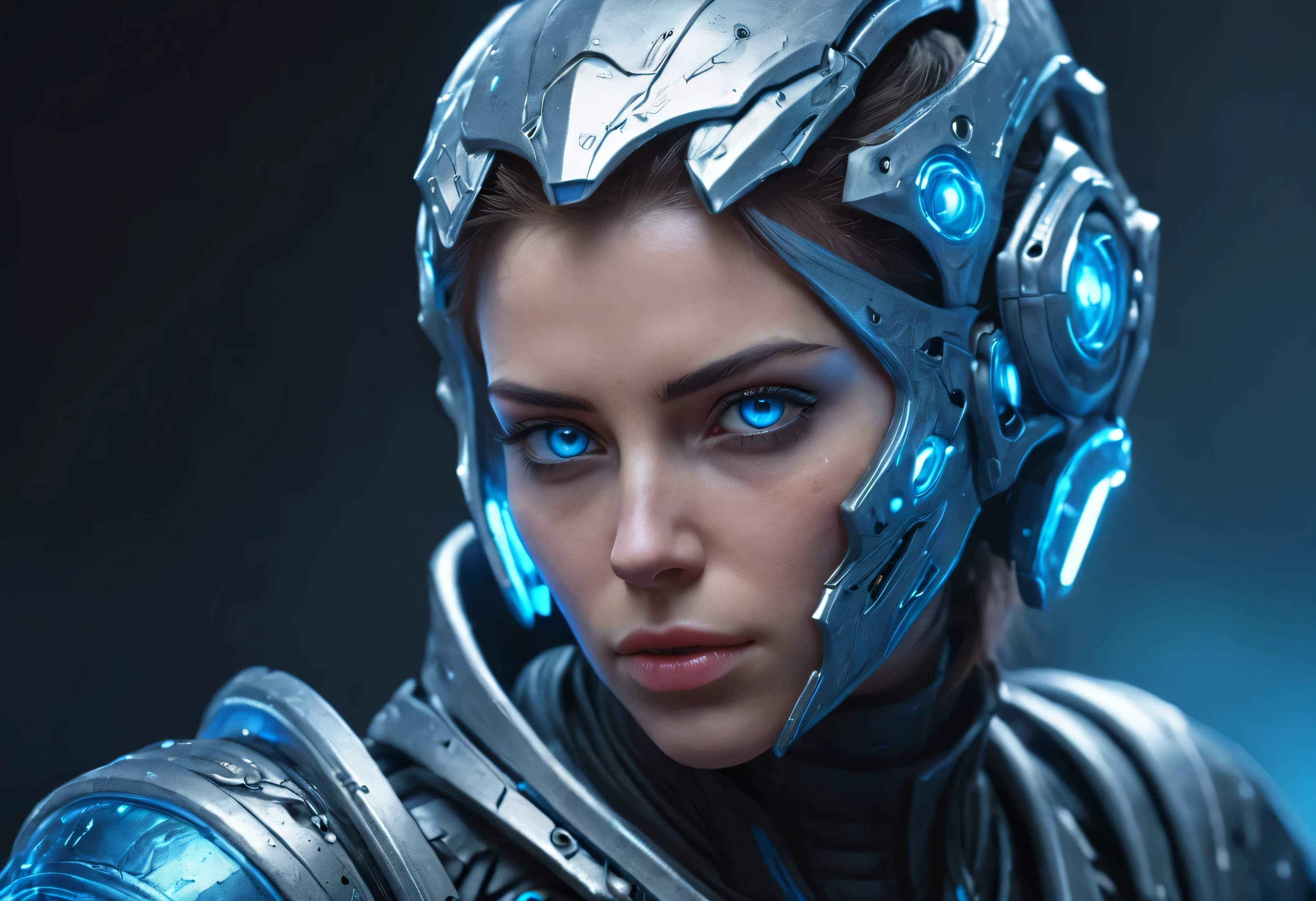 WOMAN&#39;S FACE powerful armor, sharp look,
Freezes, calls,  Perfect details, ( The best quality , 4k,
 High resolution,  masterpiece :1.2),  Ultra detailed,
realistic:
1.37, HDR-10,   studio lighting  ,  bright colors , (cyberpunk,
Futuristic) style, Ice Blue Color Scheme,  dynamic lighting . MOD ULTRA FACE 8k laser eyes