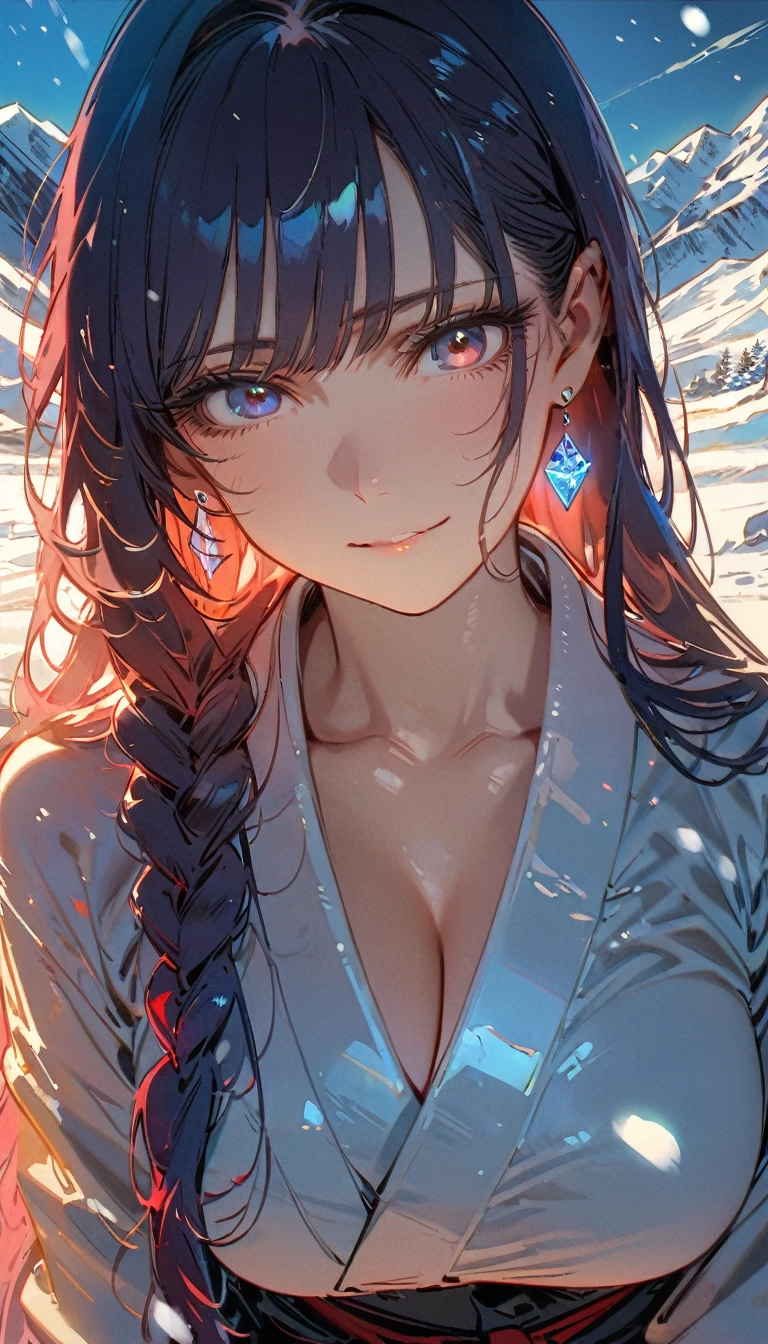 Browsing Caution,Snow Woman、Beautiful dark blue hair,Big Breasts、Long Hair,Yuki onna,Cool look,White kimono,(high quality),(Red eyes,Perfect Eyes,Clear Eyes),(cheek),Narrow eyes, Ice Earrings,Adult female,Snowstorm in the background,Long sleeve,from_front,The kimono is transparent,White skin,Uninteresting,Hair ICE decoration,Mountain,(8k),Crossing perspectives.,smile,(Side braid),whole body