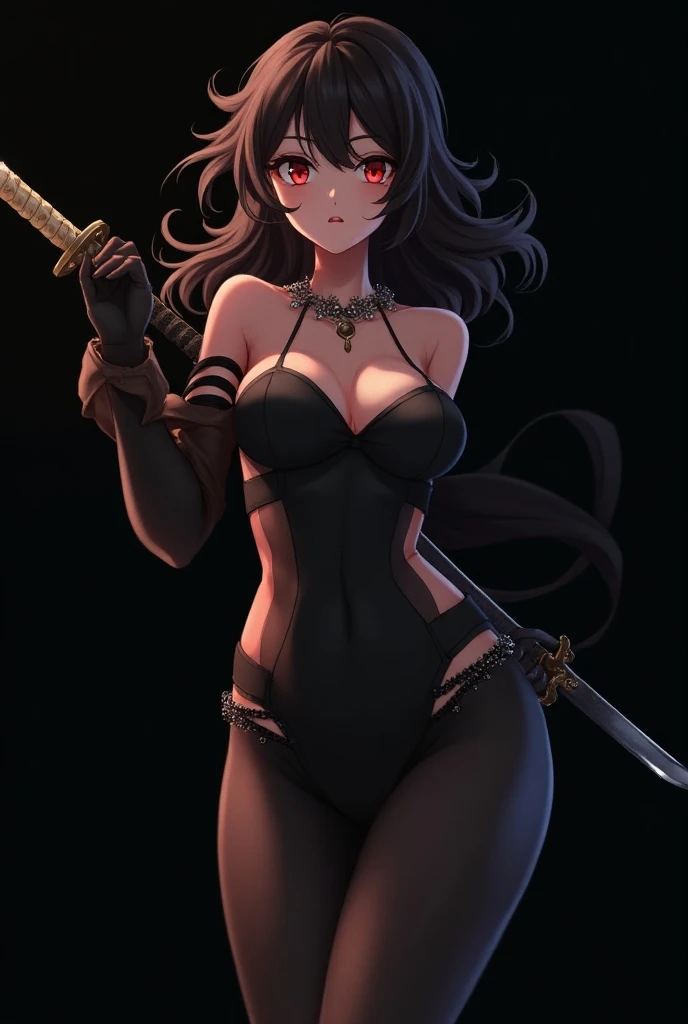 Top quality、masterpiece、High resolution、1 Girl、(((Large Breasts、Low-cut,Cleavage, Wide hips,)))Long legs , short and small、A slender one、Thin thighs、Ayov、Black Hair、short hair long hair、Gold hair band、Red Eyes、Black skirt、gold earrings、Jewelry、、With weapons、Low posture、Attack with feet、struggle、Sleeveless、Kick it, sash, Pelvic Curtain, Arm Guard, Gloves, or