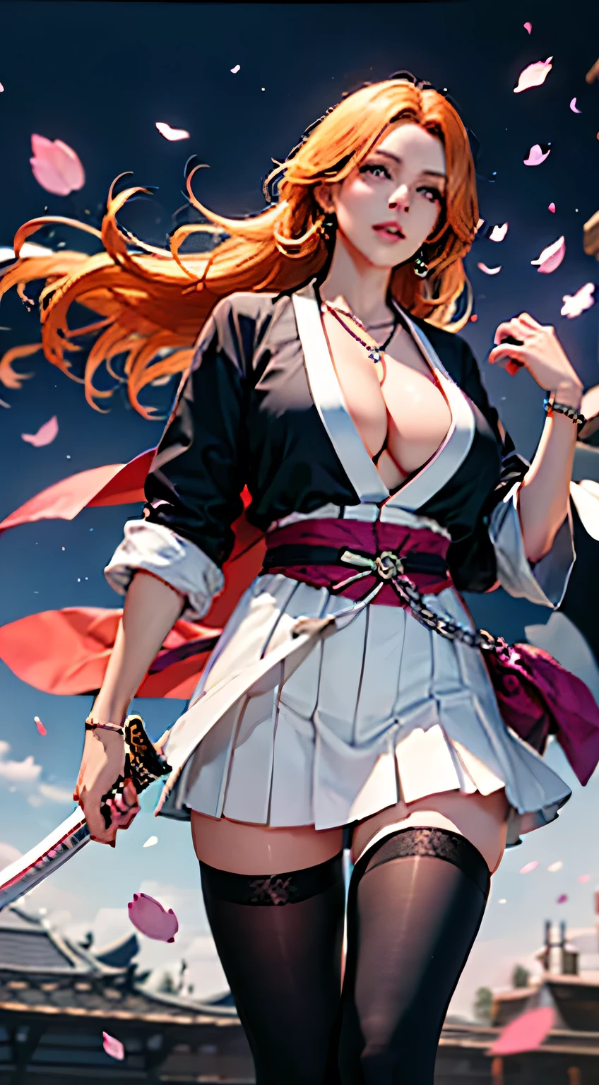 1girl, matsumoto rangiku, sword, long hair, orange hair, thighhighs, blue eyes, solo, necklace, cleavage, jewelry, holding weapon, holding, holding sword, japanese clothes, thighs, cherry blossoms, mole under mouth, katana, white thighhighs, large breasts, sash, sheath, between breasts, lips, wide sleeves, pelvic curtain, parted lips,(masterpiece),(best quality),Matsumoto Rangiku,sakimichan,add_detail:2, ((octane rendering)), fisheye
