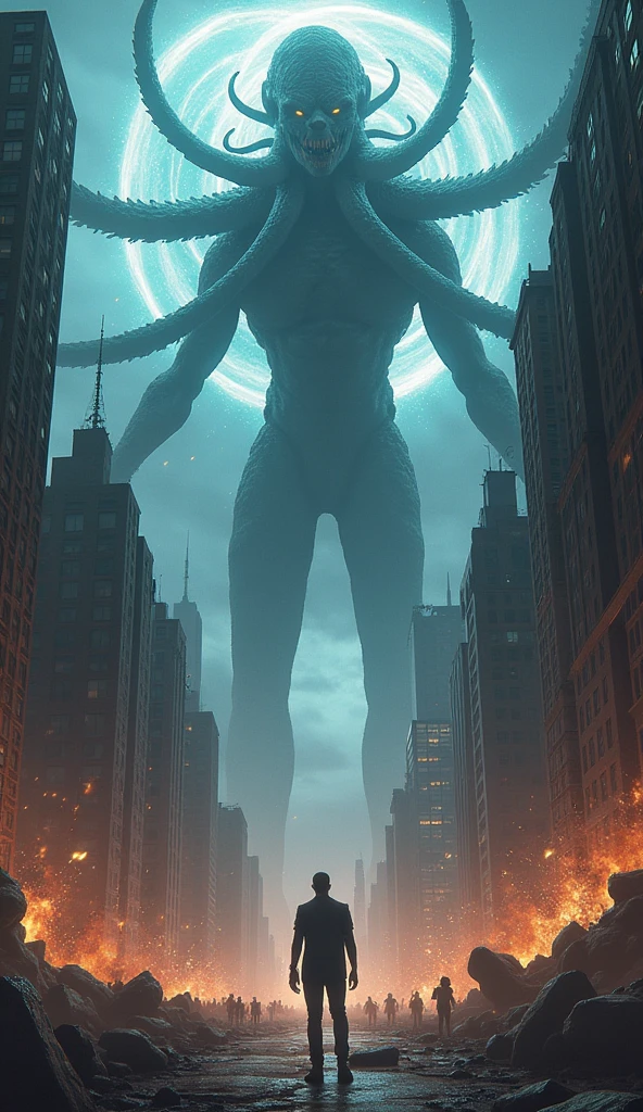 Absolutely massive alien towering over the city of London at night, panoramic shot, giant alien monster, incredible scale, arching over the cityscape, backlit by lightning, view from the side, attacking the city, complex character design, 4 arms, a tail, original character, rain, dramatic scene, cinematic, terrifying, glowing from inside body, not humanoid, famous landmarks, destruction