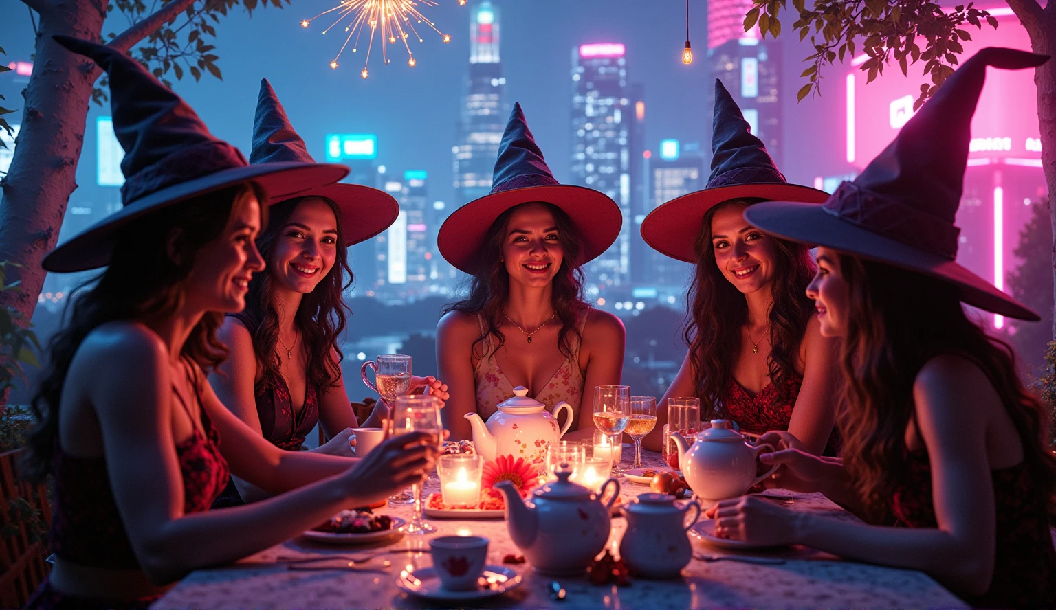 wizard tea, magic tea , magic, handsome witches, highly detailed realistic eyes, happy, vibrant, colourful, ultra detailed skin with pores, park, wind, horizon, sharp light and shadows, neon lights. sci-fi, cyberpunk, cityscape, panorama, ray tracing, DSLR, UHD, 8k, photorealistic, masterpiece, award-winning