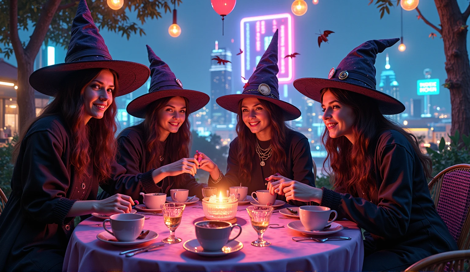 wizard tea, magic tea , magic, handsome witches, highly detailed realistic eyes, happy, vibrant, colourful, ultra detailed skin with pores, park, wind, horizon, sharp light and shadows, neon lights. sci-fi, cyberpunk, cityscape, panorama, ray tracing, DSLR, UHD, 8k, photorealistic, masterpiece, award-winning