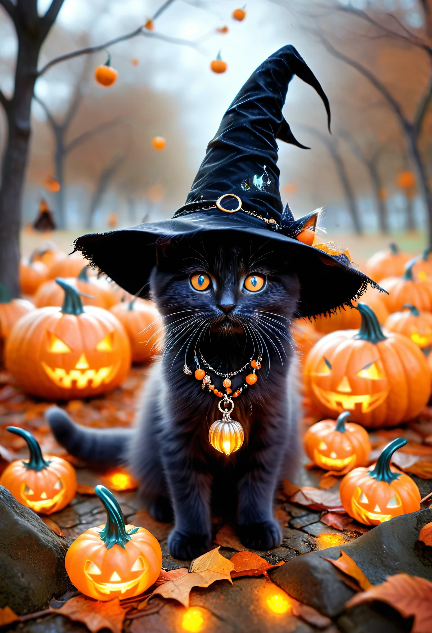 Black kittens in Halloween costumes, witch hats, witch dresses, witch sizes, multiple necklaces, countless orange-glowing transparent pumpkins on the ground, dark squares, black trees without leaves.