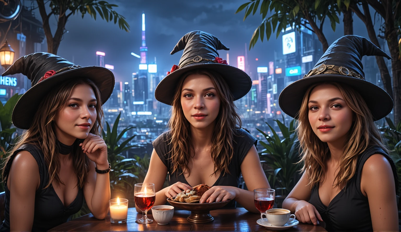 wizard tea, magic tea , magic, handsome witches, highly detailed realistic eyes, happy, vibrant, colourful, ultra detailed skin with pores, park, wind, horizon, sharp light and shadows, neon lights. sci-fi, cyberpunk, cityscape, panorama, ray tracing, DSLR, UHD, 8k, photorealistic, masterpiece, award-winning