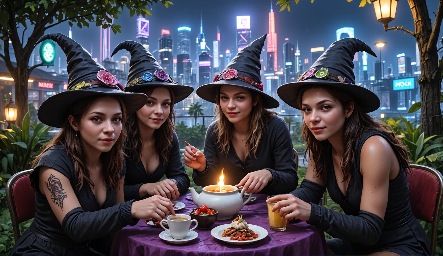 wizard tea, magic tea , magic, handsome witches, highly detailed realistic eyes, happy, vibrant, colourful, ultra detailed skin with pores, park, wind, horizon, sharp light and shadows, neon lights. sci-fi, cyberpunk, cityscape, panorama, ray tracing, DSLR, UHD, 8k, photorealistic, masterpiece, award-winning