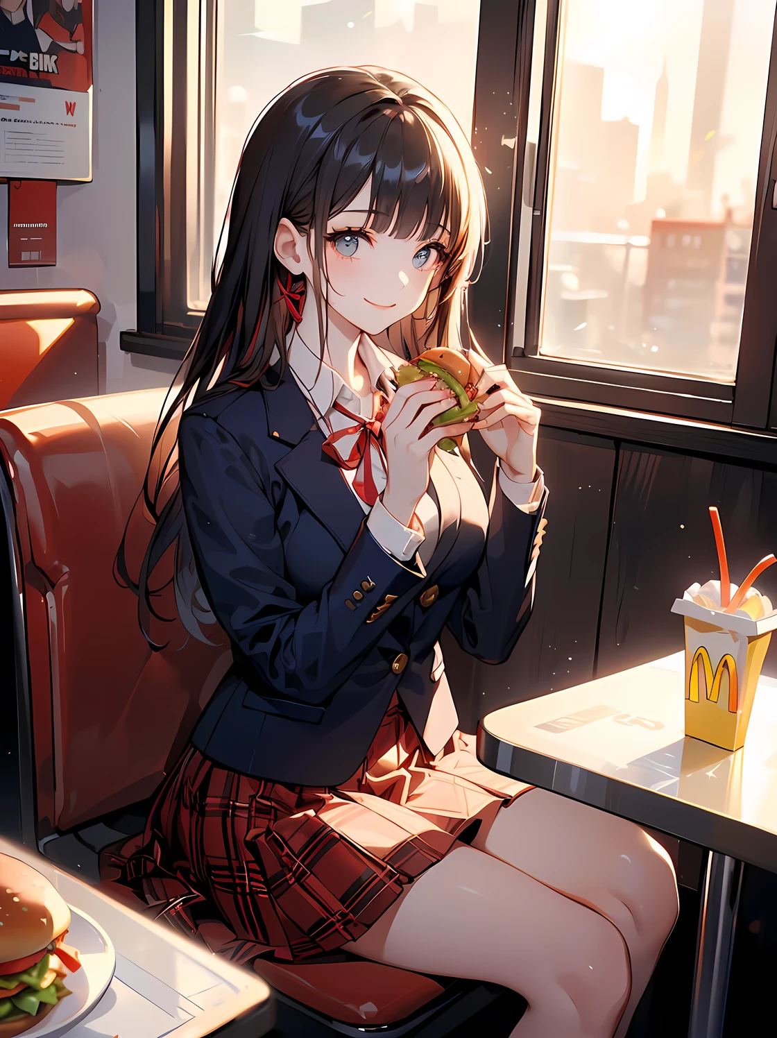 (((Best quality, 8k, Masterpiece: 1.3)), ((best quality)), ((masterpiece)), (detailed), perfect face, A Japanese high school girl sitting inside a McDonald's, enjoying a hamburger after school. She is still wearing her school uniform, consisting of a navy blue blazer, a red ribbon at her collar, and a plaid skirt. She looks relaxed and happy, sitting in a booth, holding a hamburger with one hand, and smiling. The McDonald's interior features bright lighting, red and yellow colors, and the fast-food atmosphere. Outside the window, it's the late afternoon with a bit of sunlight streaming in, suggesting she's stopped by after classes