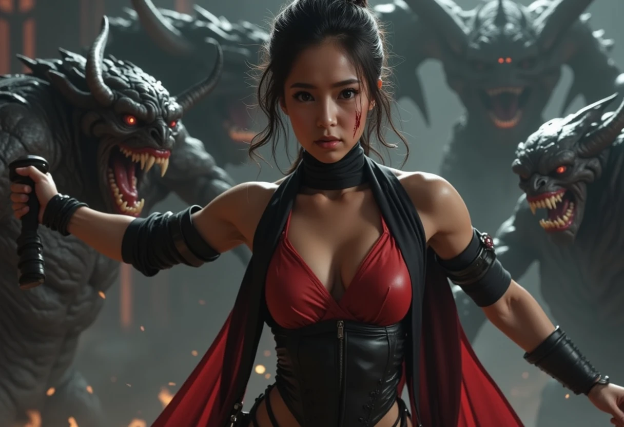 1woman, beautiful detailed eyes, face to thigh view ,blood smear on her face, serious face, fighting emotion, beautiful detailed lips, extremely detailed face, long eyelashes, sexy black-red ninja suit, red bra,  Flowing red fabric from ninja suit, samurai sword in her hand,  , fighting pose ,  fantasy landscape, many monsters in background, cinematic lighting, dramatic atmosphere, intricate details, moody colors, digital art, hyper-realistic