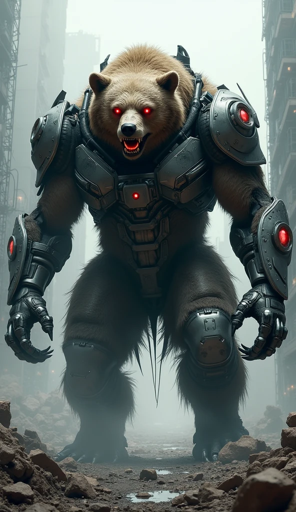 a gigantic brown bear with two mecha metal arms standing confidently on two feet, rising head, muscular body, thumb on chest pose, superhero vibe, one metal robot red eye and one yellow eye, glowing eyes, industrial city background, dramatic lighting, high contrast 