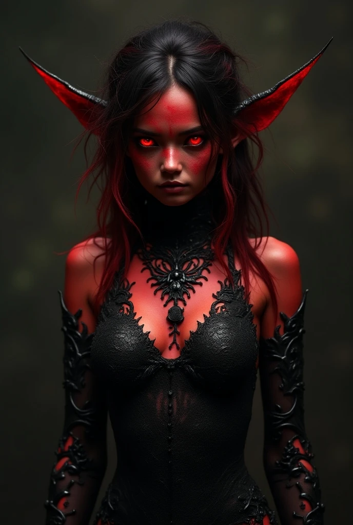Demon girl with pixie cut hair, red skin, yellow eyes, tattoos on arms, piercings on ears and a tail